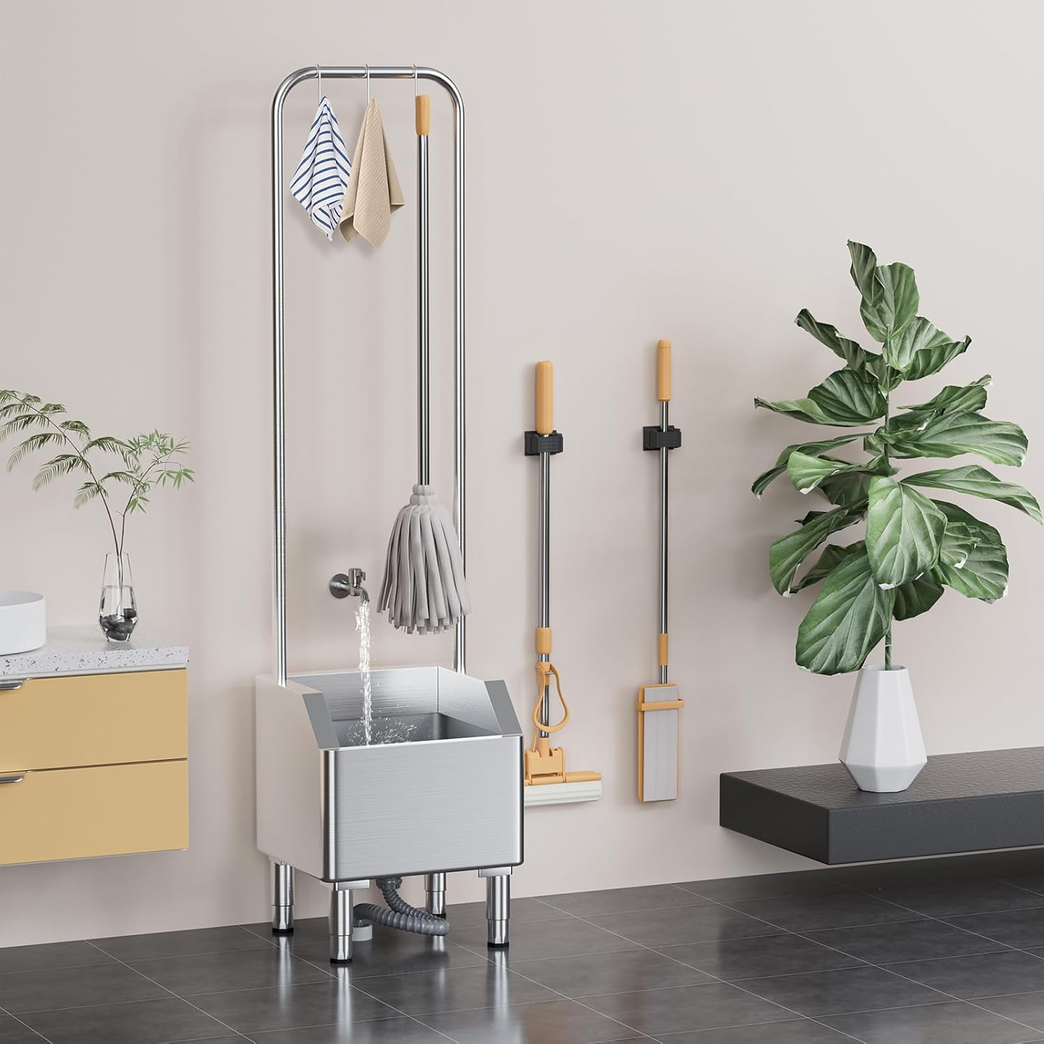 Stainless Steel Floor Mop Sink, Commercial Utility Sink with Extended Elevated Rack, Floor Sinks with 5 Hooks, for Laundry Room, Kitchen, Restaurant, Garage, 150kg Capacity (Stainless Steel)