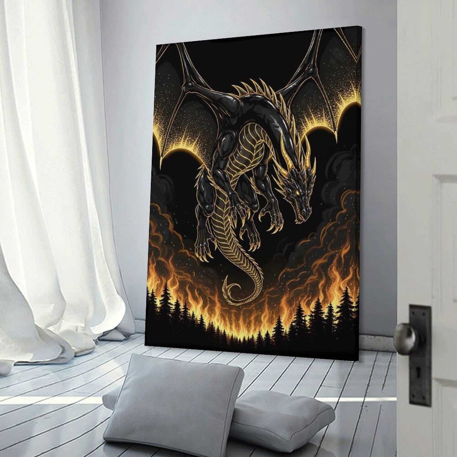 Junmoney Black And Gold Dragon Over Fire Decorative Canvas Print, 08x12inch(20x30cm), for Gallery Wall Decor And Room Displays, Wall Decor Suited to Curated Displays