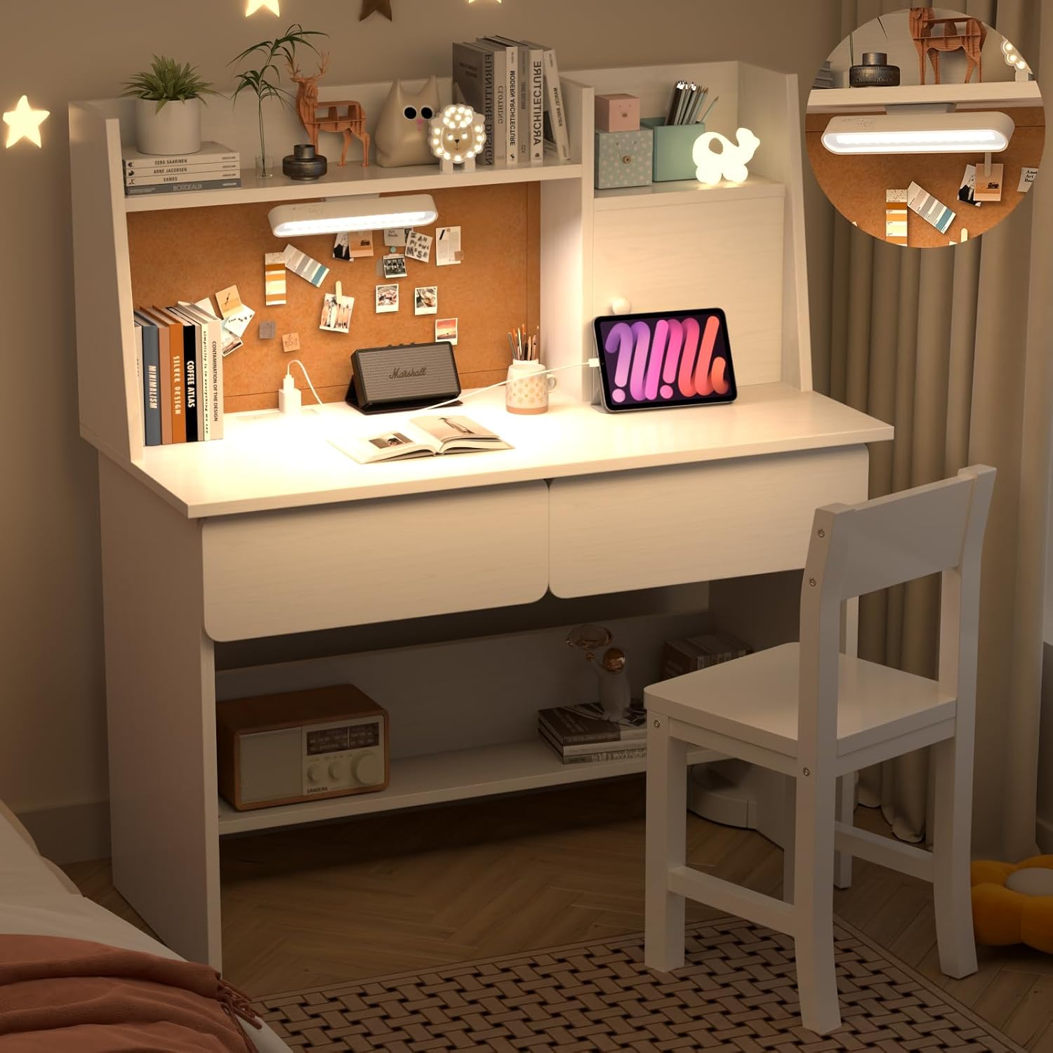 Wooden Lvory White Kids Study Desk and Chair Set with Light, Charging Station and 2 Drawers, Children Desk with Hutch and Shelves, Girls Study Desk for Kids Bedroom-004