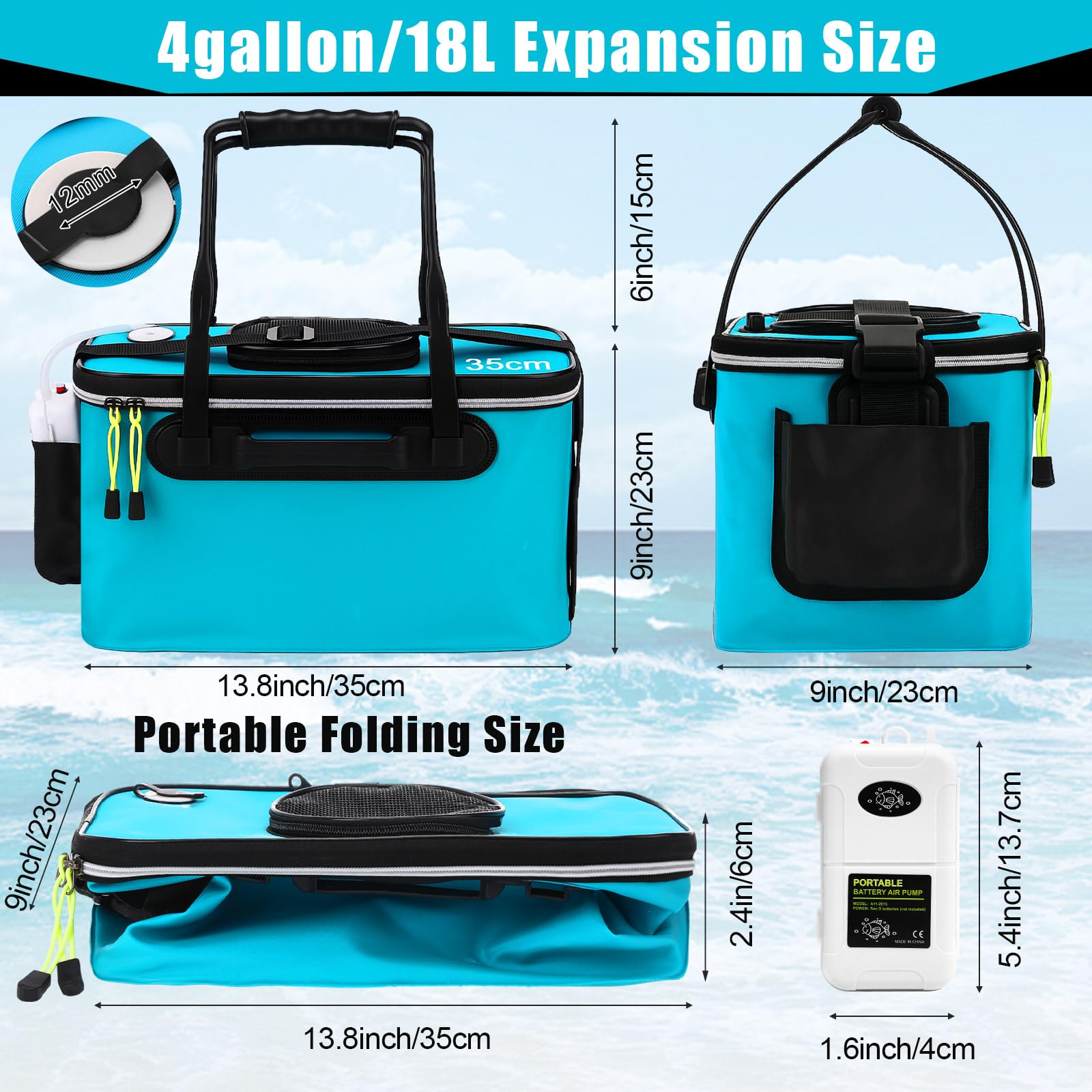 Secchio da pesca e aeratore per esche vive, pieghevole, multifunzionale, portatile, silenzioso, aeratore per campeggio, pesca, borsa in EVA (blu, 4 galloni)