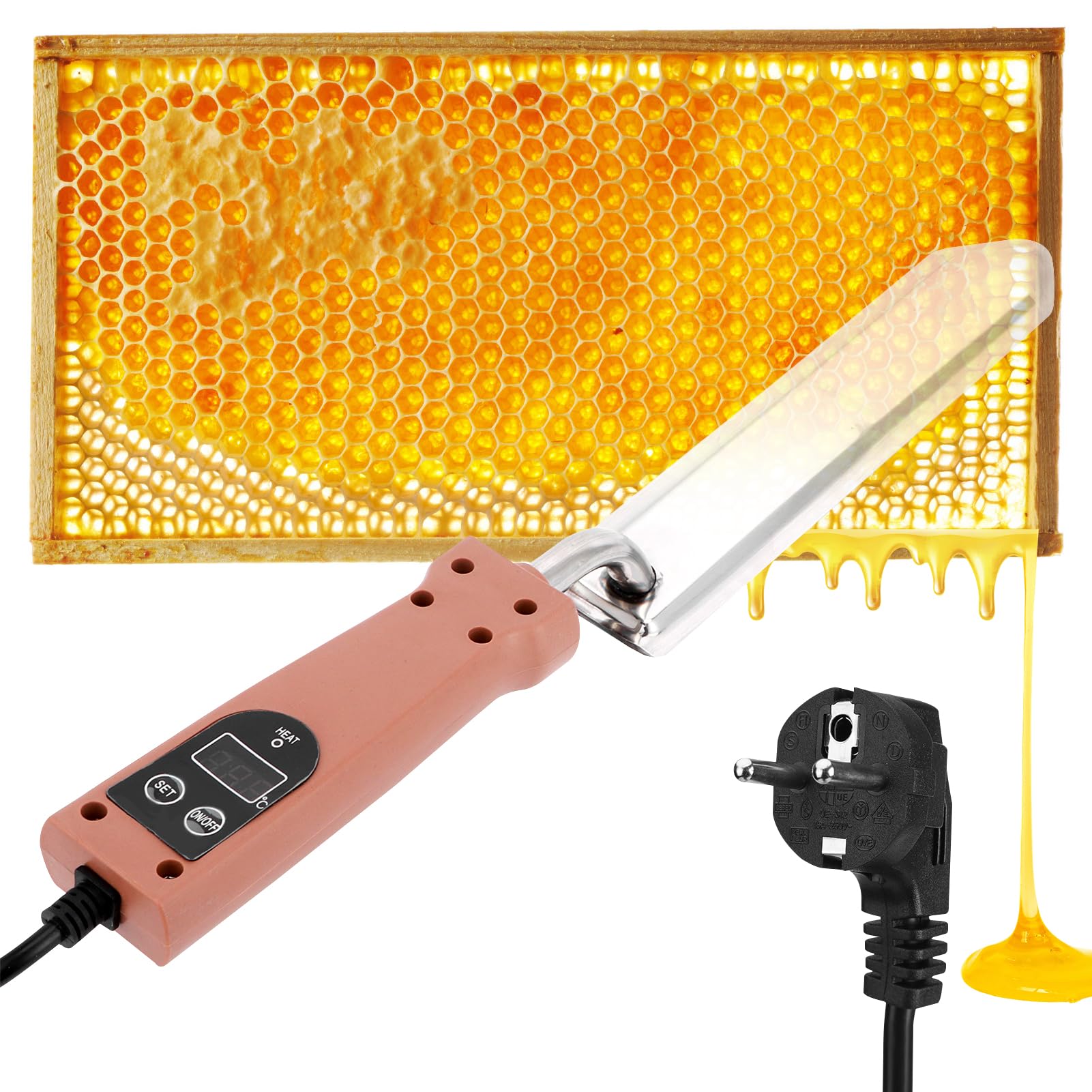 Honigschleuder elektrisch,Elektrisches Entdeckelungsmesser aus Edelstahl,Elektrischer Honigschneider Mit Temperaturregelung von 50–180 °C, Honigschneidemesser, Honig-Entdeckungsmesser