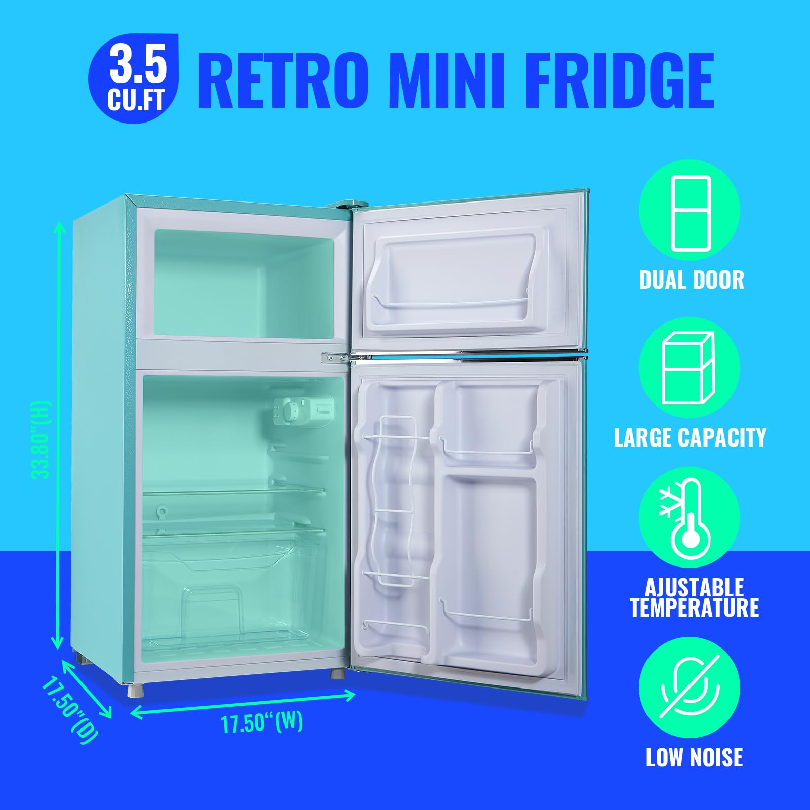 Small Refrigerator With Freezer Double Door Mini Fridge Adjustable Glass Shelves, Detachable Handle,7 Level Temperature Control Fridge For Dorm, Office, Apartment Blue on Fridge.com - View 2