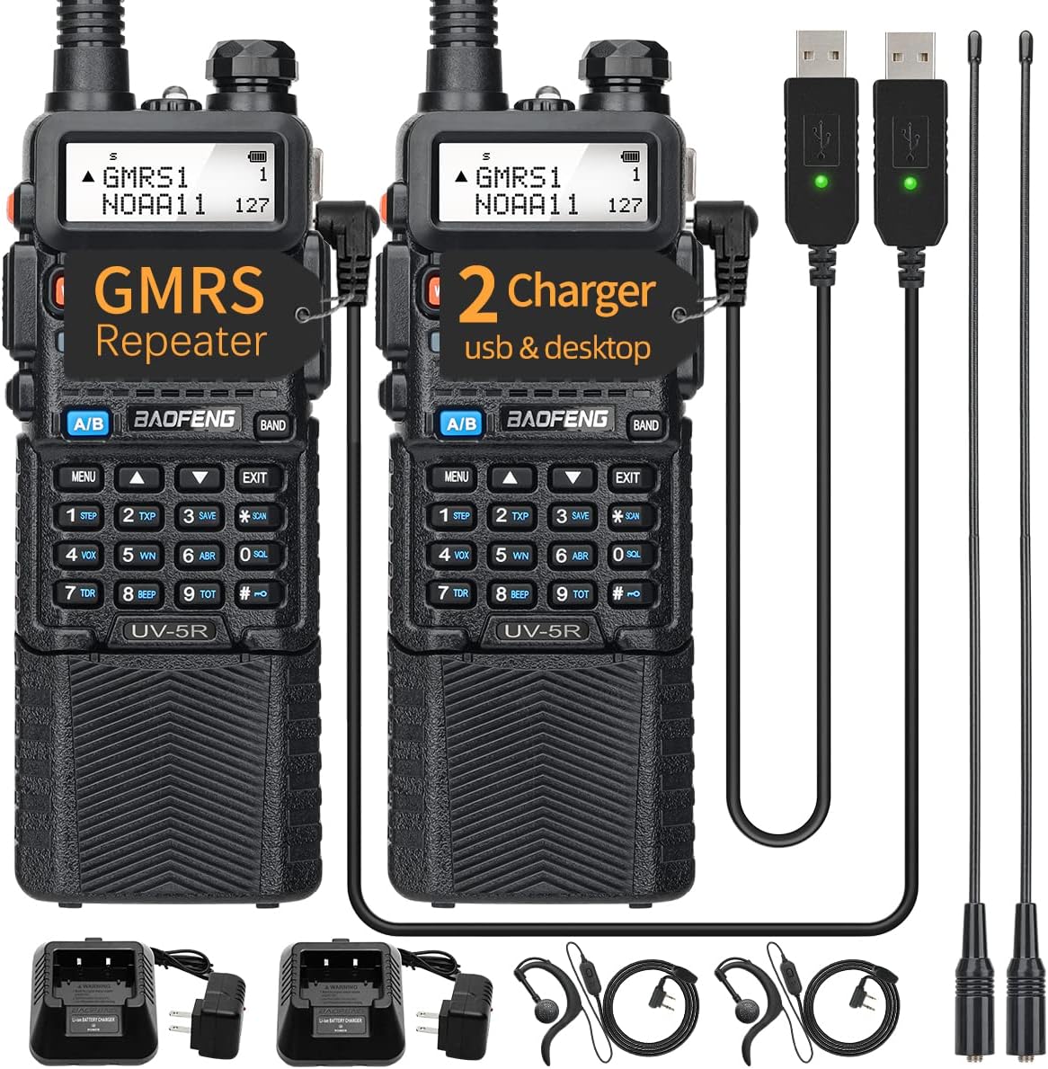 BAOFENG GMRS Radio UV5R 3800mAh Extended Battery USB Rechargeable Two Way Radio