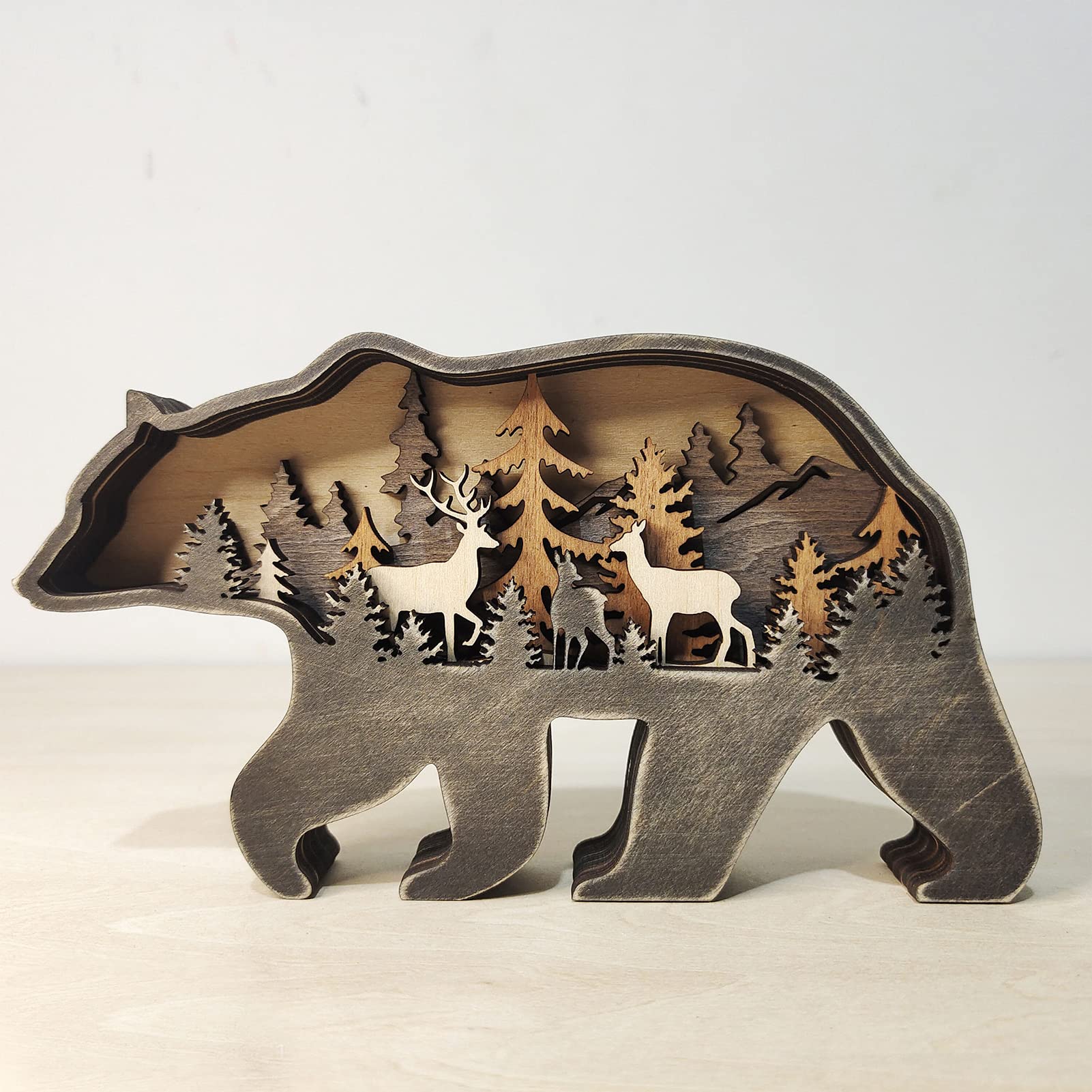 Shunfaji New Christmas Wooden Craft Home Decoration Creative Forest Animals Decorative Ornaments Brown Elk Bear (Brown Bear)