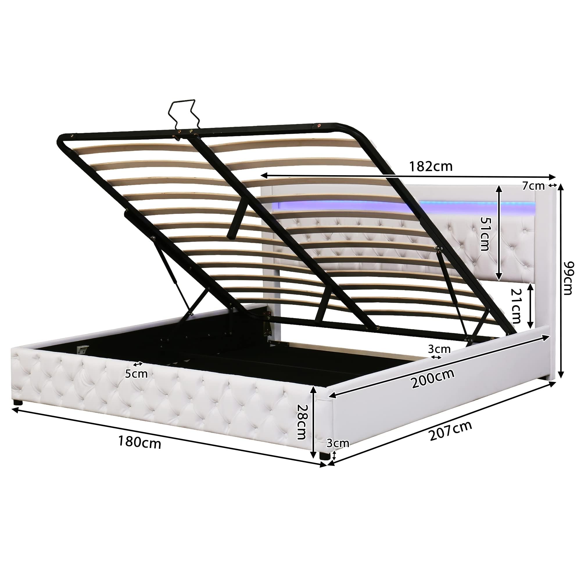 Cama hidráulica de 180 x 200 cm, Cama de Matrimonio con somier y Espacio de Almacenamiento, Incluye Barra de iluminación LED (Blanco, 180 x 200cm)
