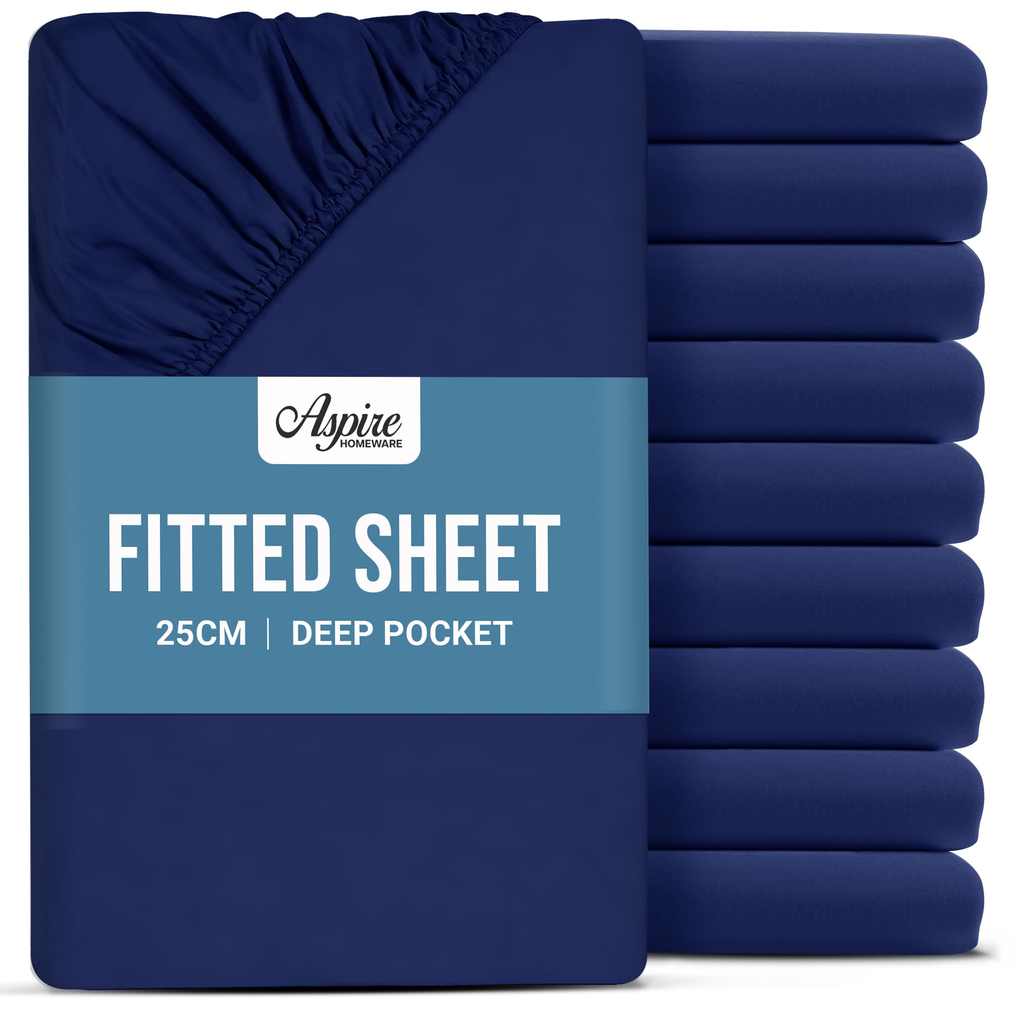 Aspire Homeware Single Fitted Sheet 10 Pack - 25 cm Deep Hotel Quality (Navy) Bed Sheets - Soft & Breathable Fitted Sheet Single Bed - Anti-Wrinkle Easy Care Fitted Sheets