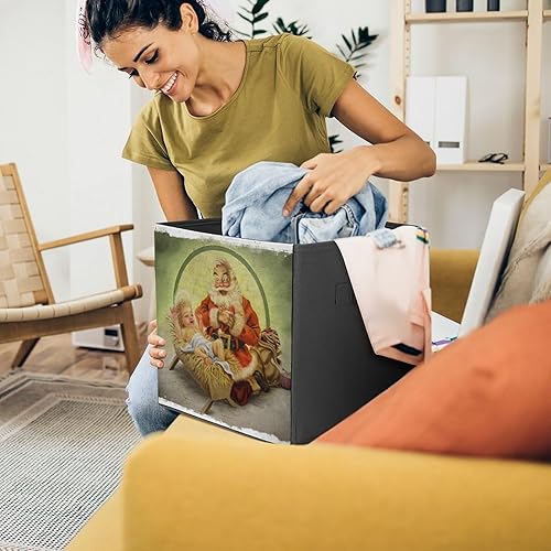 Miniatura 8 de Cubos de almacenamiento de Papá Noel vintage de Navidad, cubos de tela para bebé de 11 pulgadas con asas dobles, organizadores de armario para