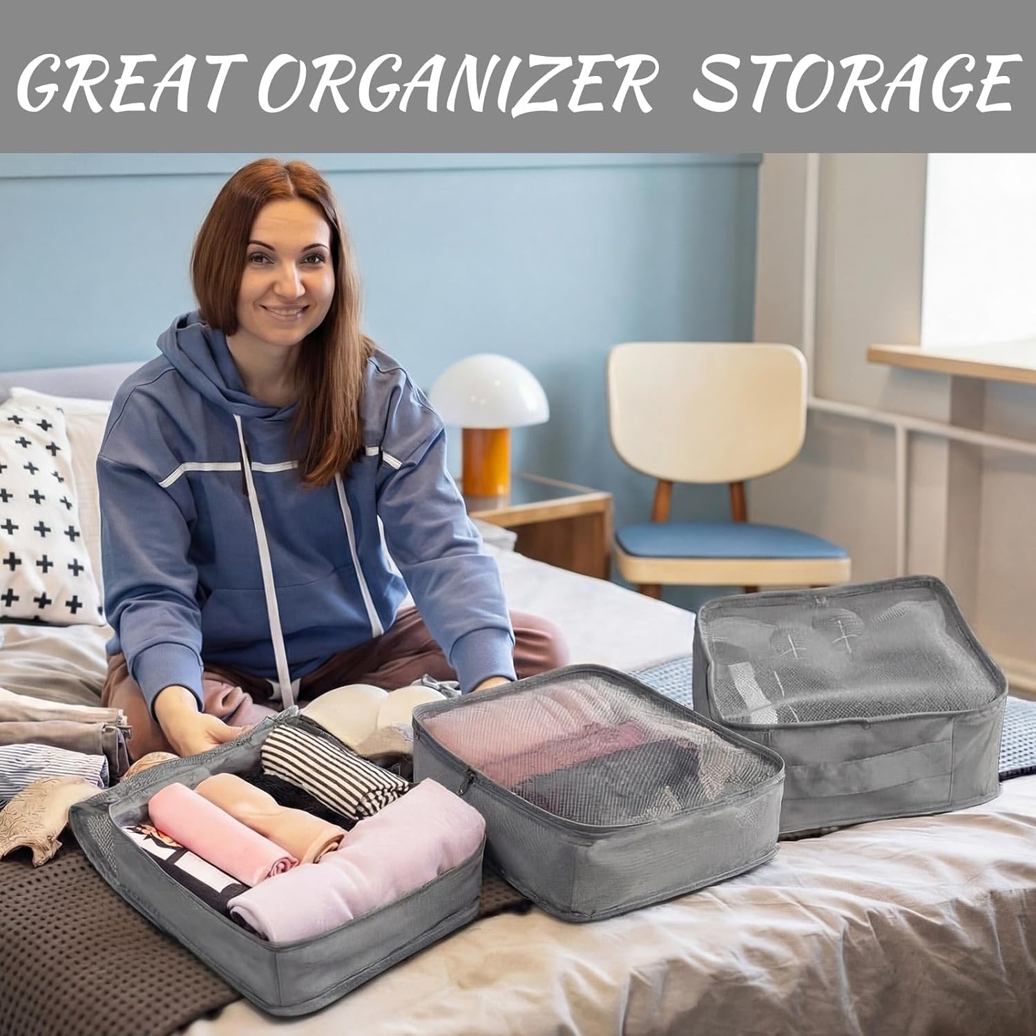 Silkfly 16 Pcs XL Packing Cube for Travel Luggage Organizer Suitcase High Capacity Large Packing Bag Bulk Reusable Mesh Travel Cube for Hiking Camping Accessory, 17.7 x 13 x 4.7 Inch (Gray)