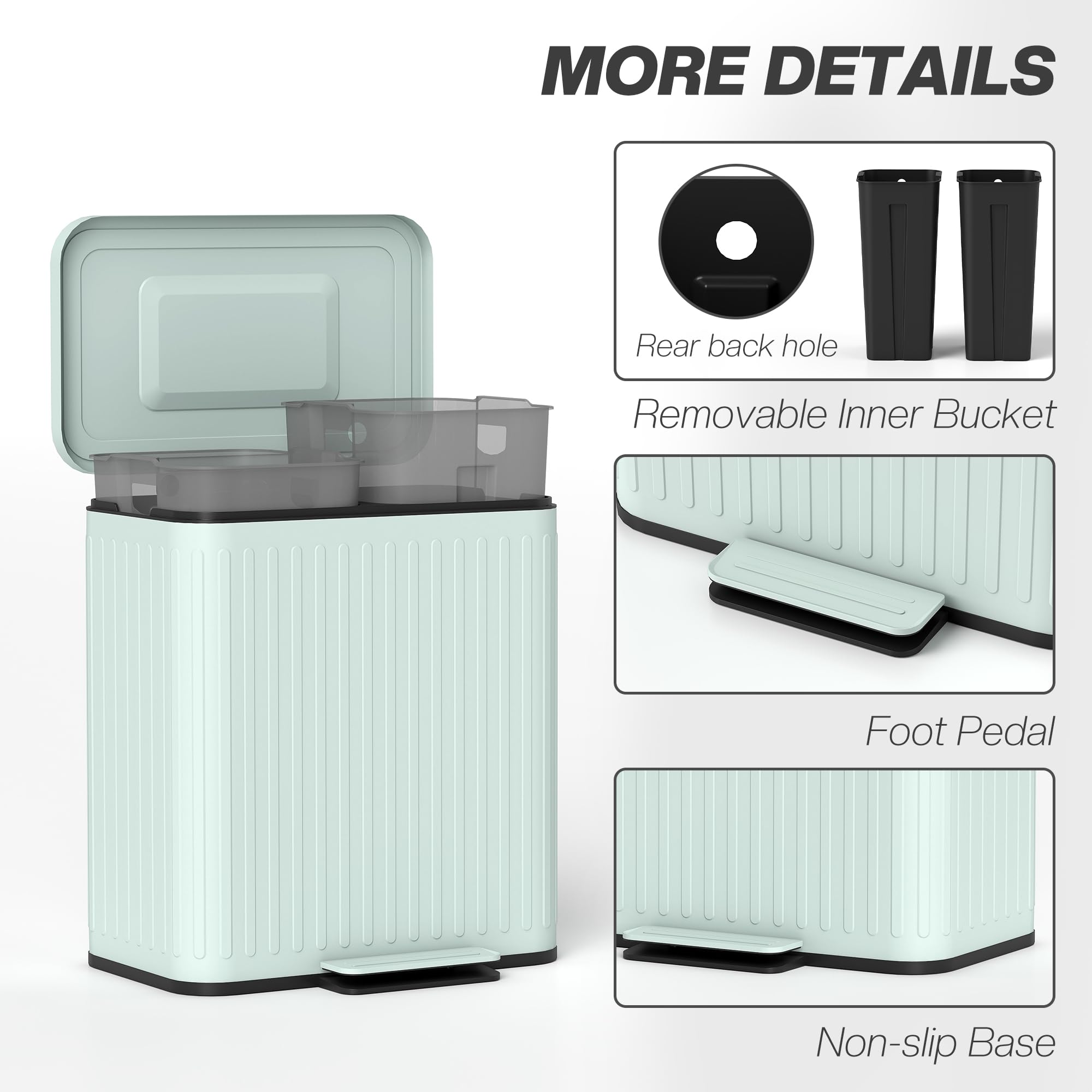 HOMCOM Cubo cocina doble 2x20L, antihuellas, tapa cierre suave, verde | Cubo doble para reciclaje y residuos, cubos interiores extraíbles, bolsas de basura