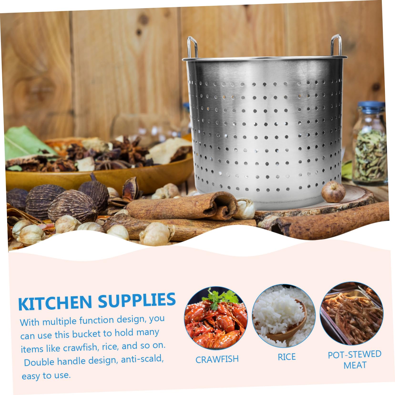 GLEAVI Cubo Grande de Acero Inoxidable Fugas para Cangrejos de Río y Carne, Diseño de Asa y Función para Escurrir Aceite en Cocina