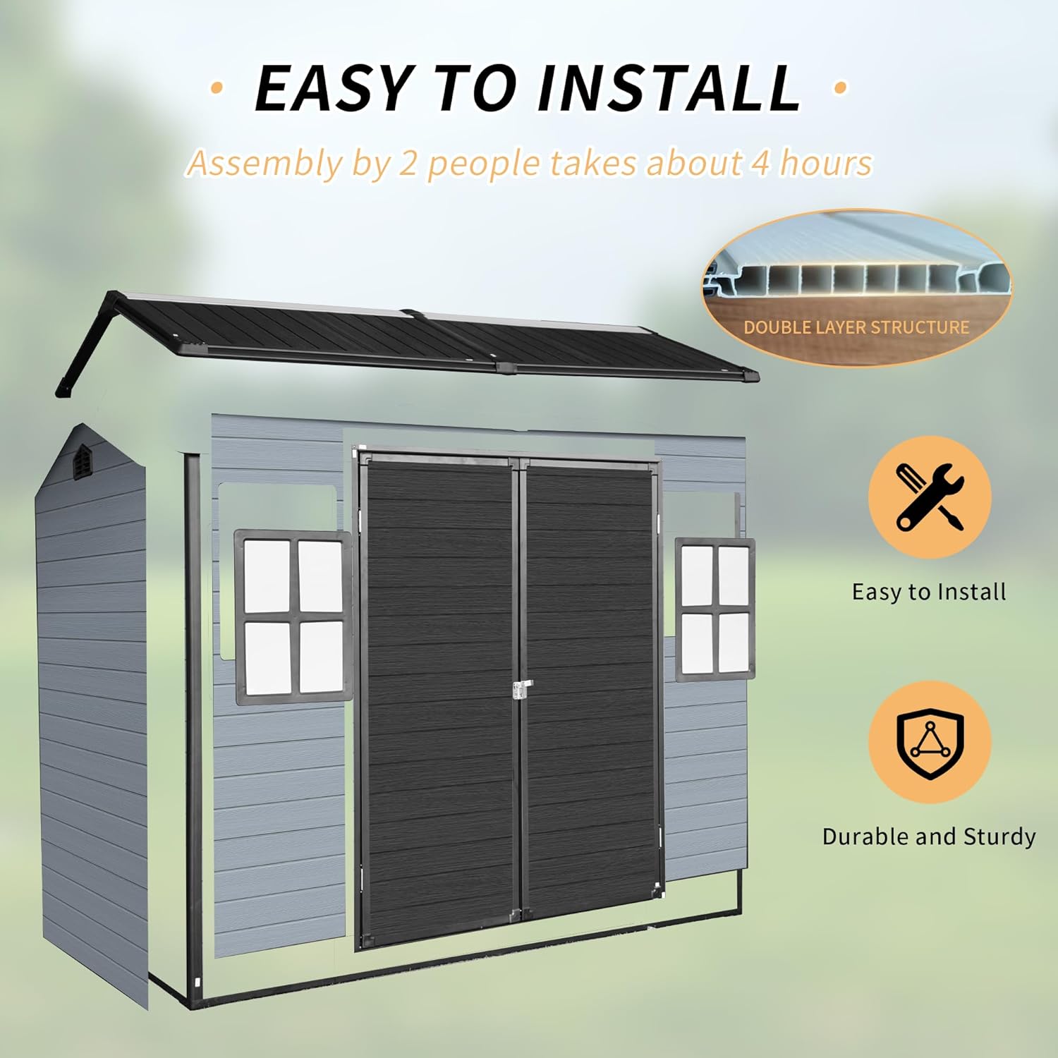 KUIKUI 4x8 FT Resin Storage Shed with Floor, Storage Sheds Plastic Sheds, Plastic Shed with Floor Included with 2 Windows and Lockable Door for Garden Tools Bike, Gray and Black