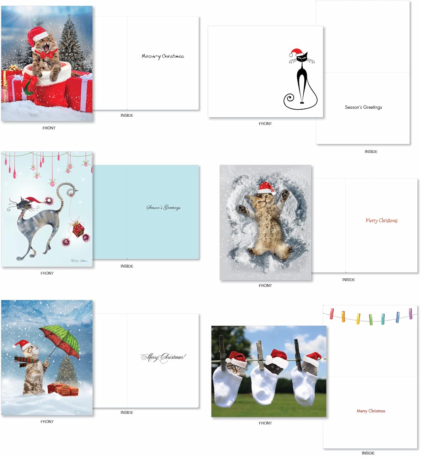 The Best Card Company - 36 Assorted Notecards Bulk Box Set 4 x 5.12 Inch with Envelopes for Men and Women, Mixed Pet Merry Christmas Variety Pack (18 Designs, 2 Each) - Holiday Cats AM7846XSG - B2x18