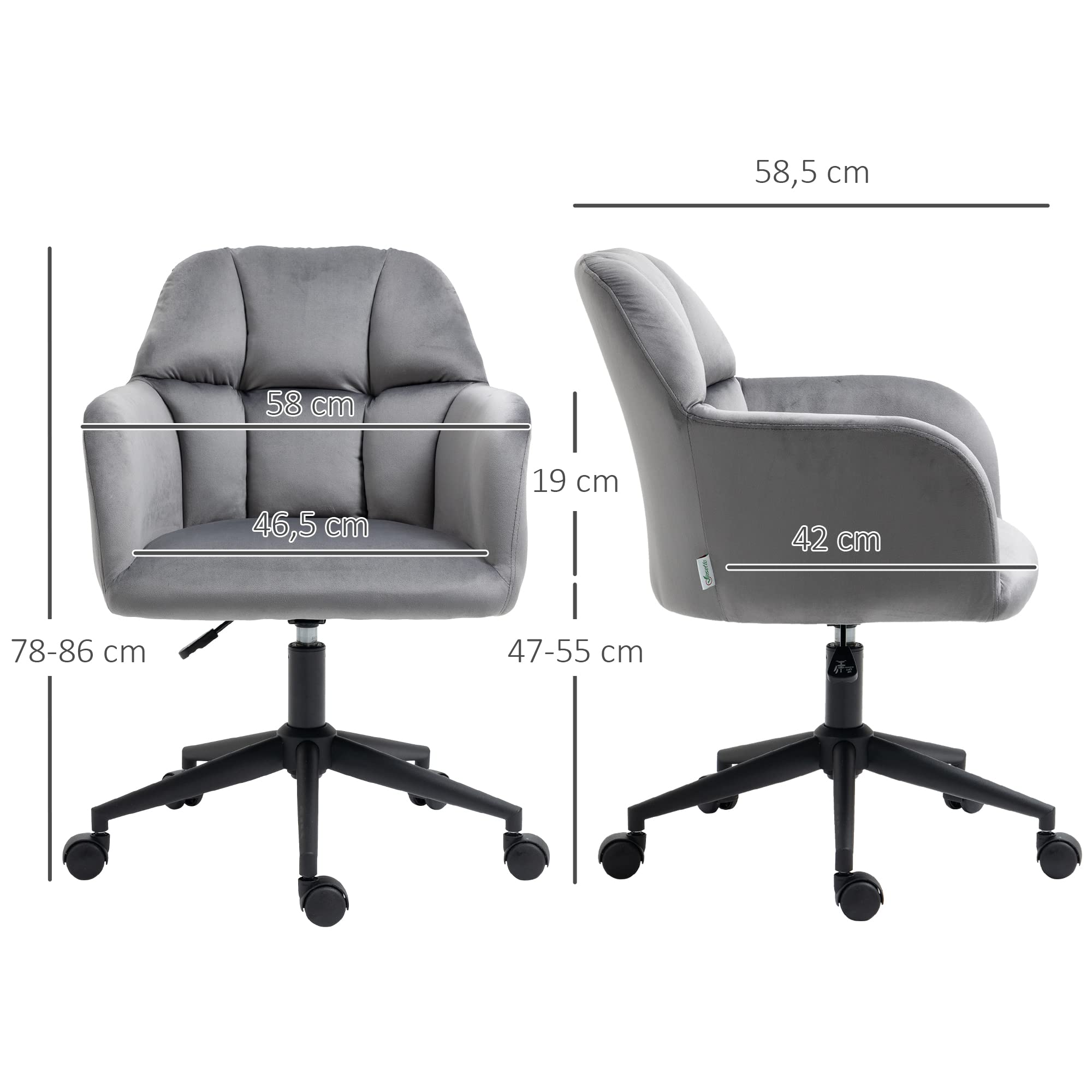Vinsetto bureaustoel met wielen, in hoogte verstelbare bureaustoel, ergonomische draaistoel met fluwelen look, draagvermogen tot 120 kg, voor woonkamer, studeerkamer, grijs