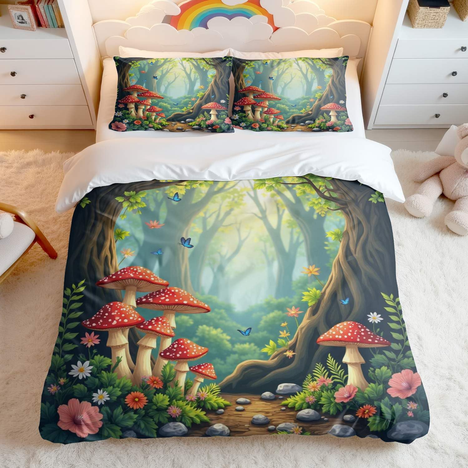 Parure de lit double motif forêt enchantée vibrante avec 2 taies d'oreiller 50x75 cm