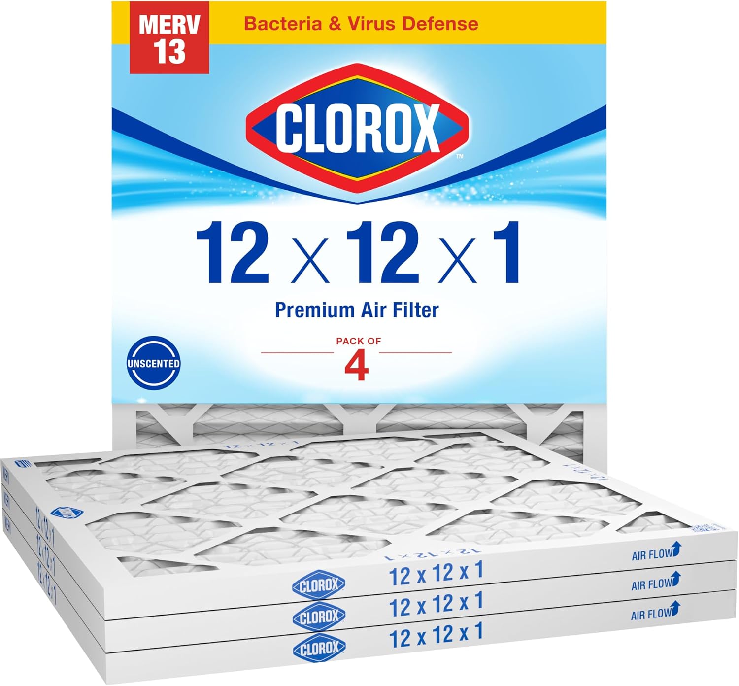 Clorox 12x12x1 Air Filter, MERV 13 Pleated HVAC AC Furnace Air Filters, MPR 1500 & FPR 10  Pack of 4