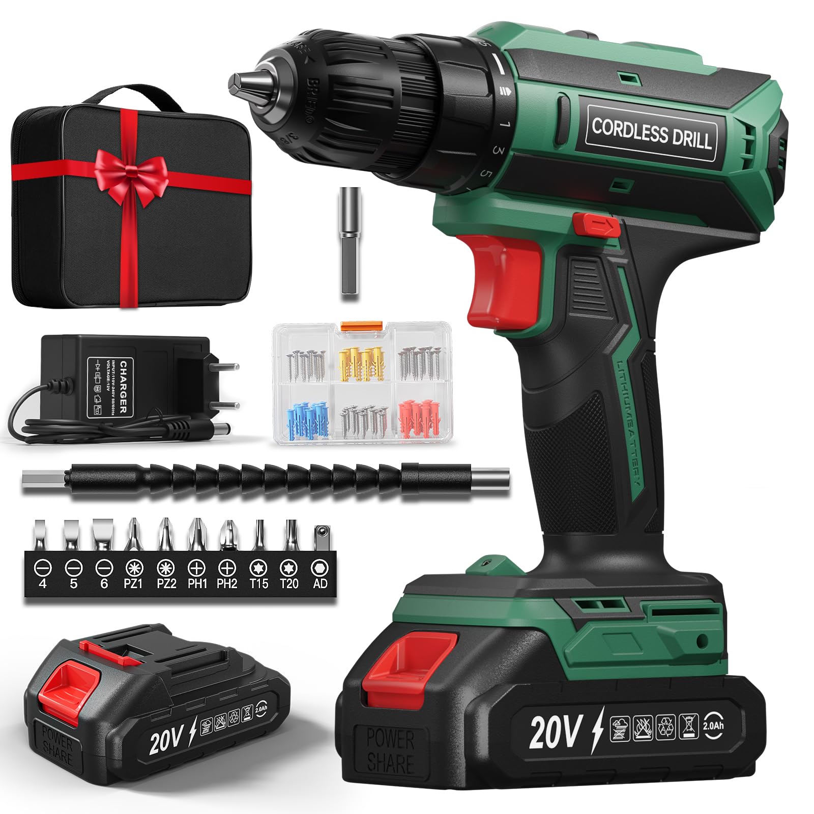 Taladro Atornillador Batería 20V, Taladro Bateria par Máximo 42Nm, Taladro Inalámbrico 2 Velocidades, Apto para Baterías Makita, 25+1 Niveles de Par, Batería 2000mAh, Portabrocas 10mm, Luces LED Verde