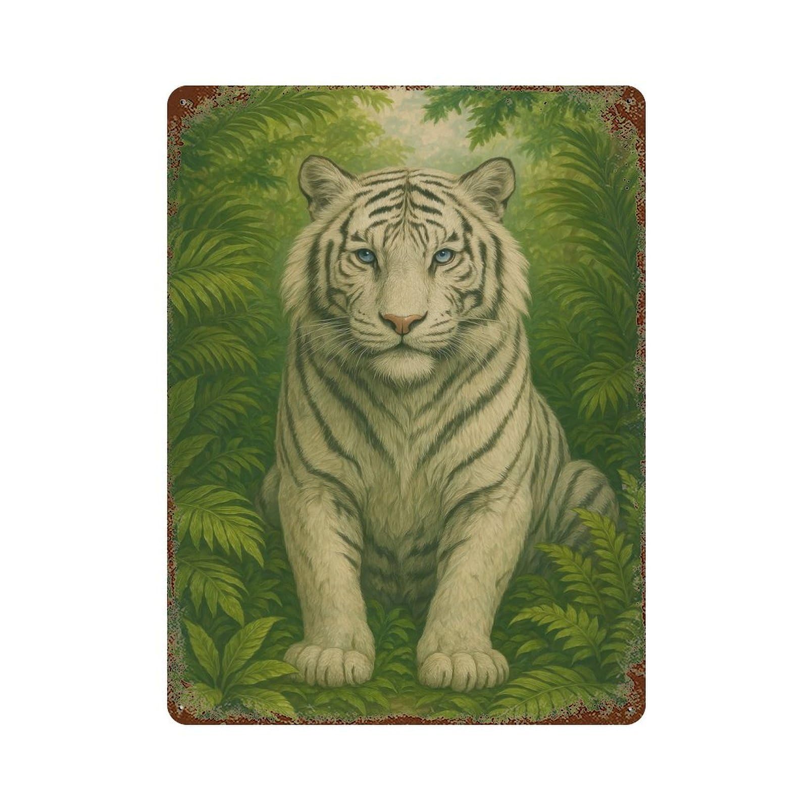 White Tiger in Jungle Painting Decorative Tin Sign 15.7"x11.8", Vintage Wall Decor for Garage, Pub Or Kitchen