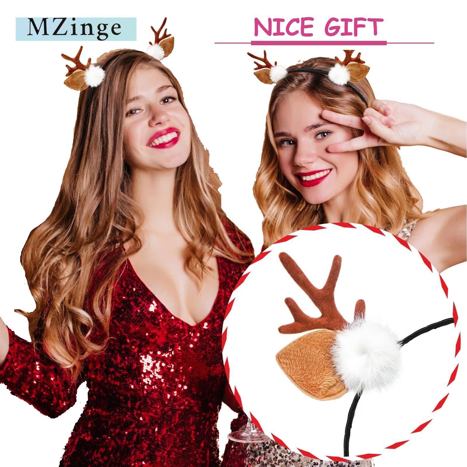 MZinge 2pcs Flocked Deer Antlers Headband, Reindeer Headdress for Christmas Halloween Cosplay Hair Accessories for Adults - Image 4