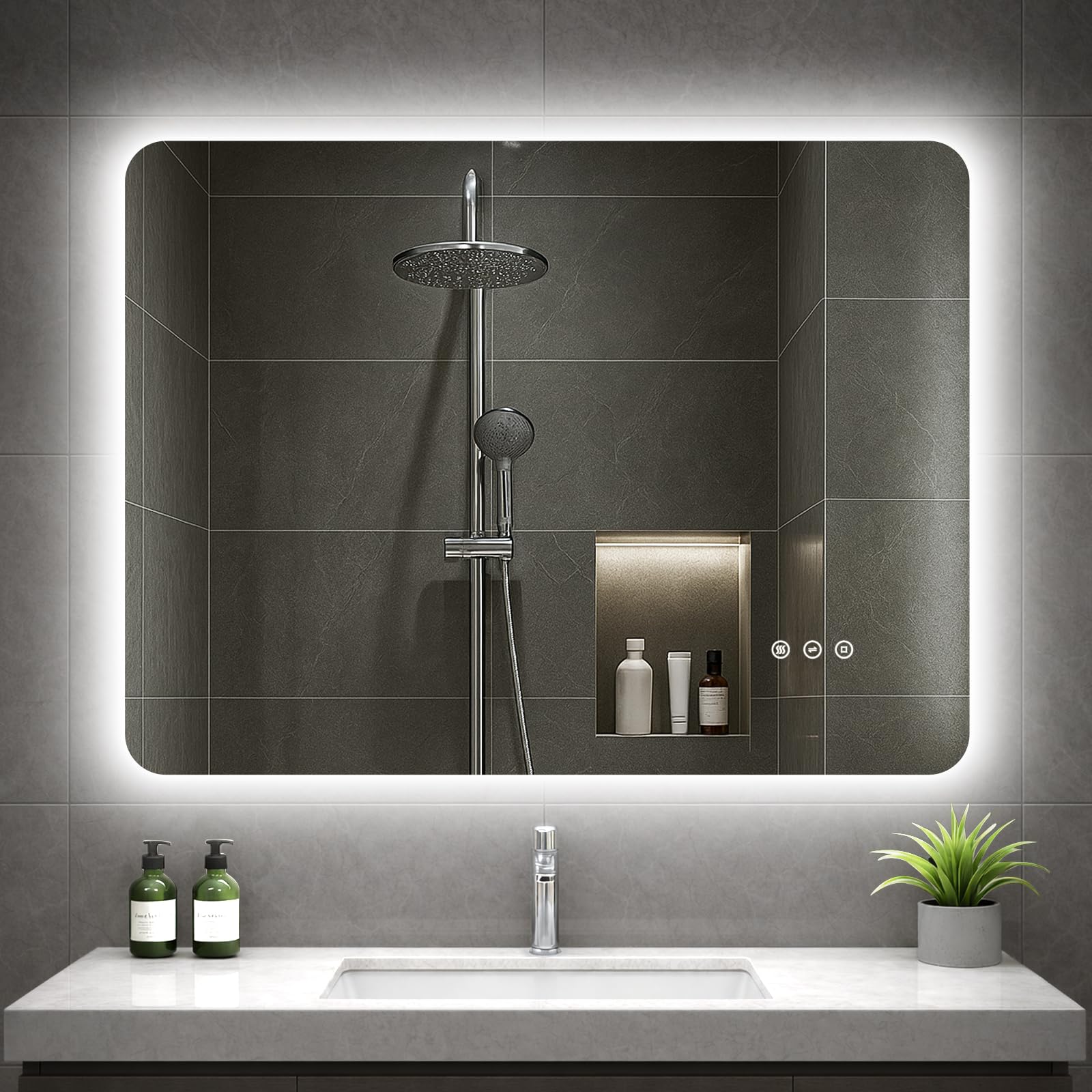 Badspiegel mit Beleuchtung 80x60 cm, LED Spiegel Bad mit Licht, 3 Lichtfarben, Dimmbar, Antibeschlag, Speicherfunktion, IP44, Horizontal/Vertikal montierbar, Rückbeleuchtung