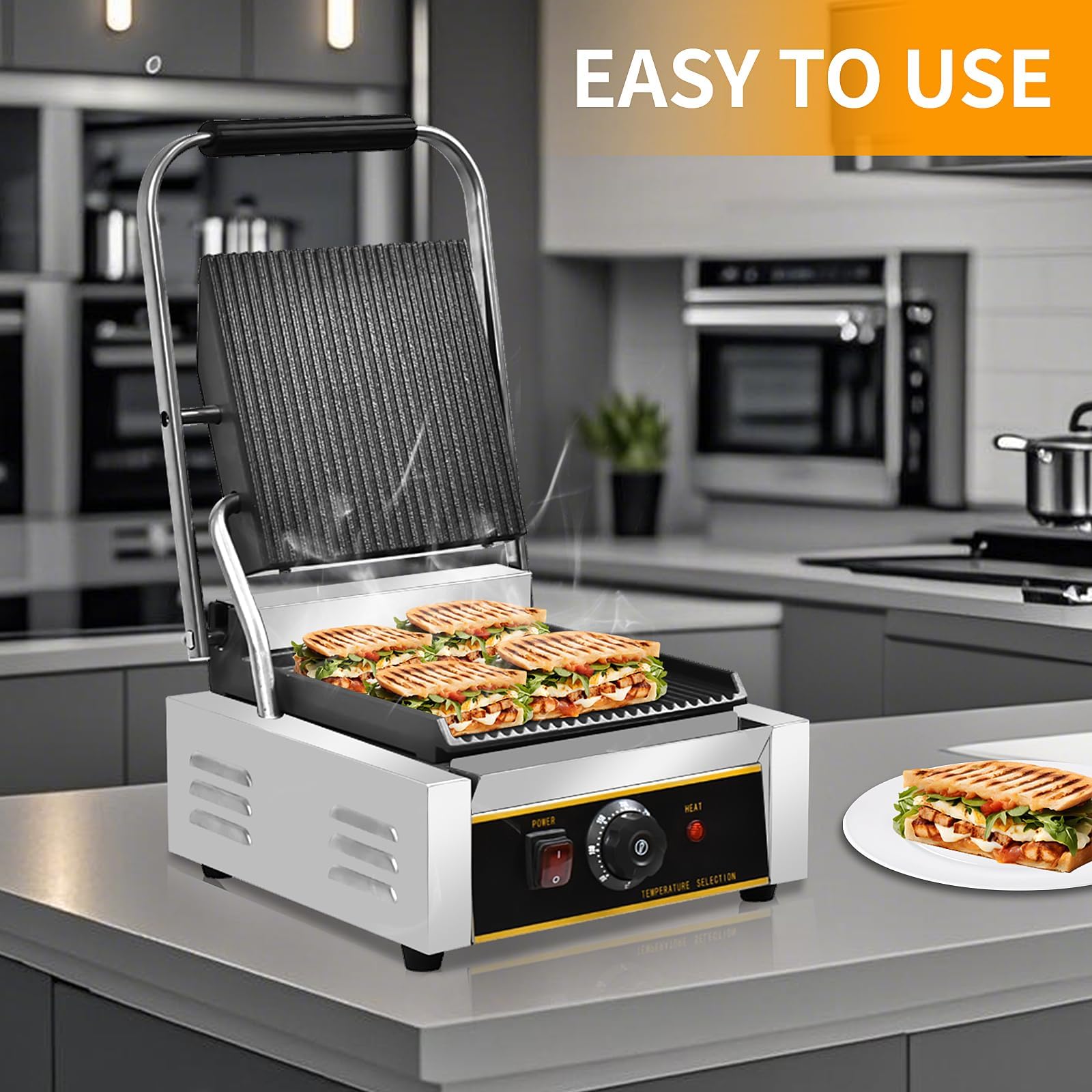 Commercial Panini Press, dwustronne ogrzewanie elektryczne kanapki Panini Grill z powłoką bezstronną i 50-300 ℃ Regulowana temperatura, maszyna do kanapki tosterowej dla hamburgerów steków