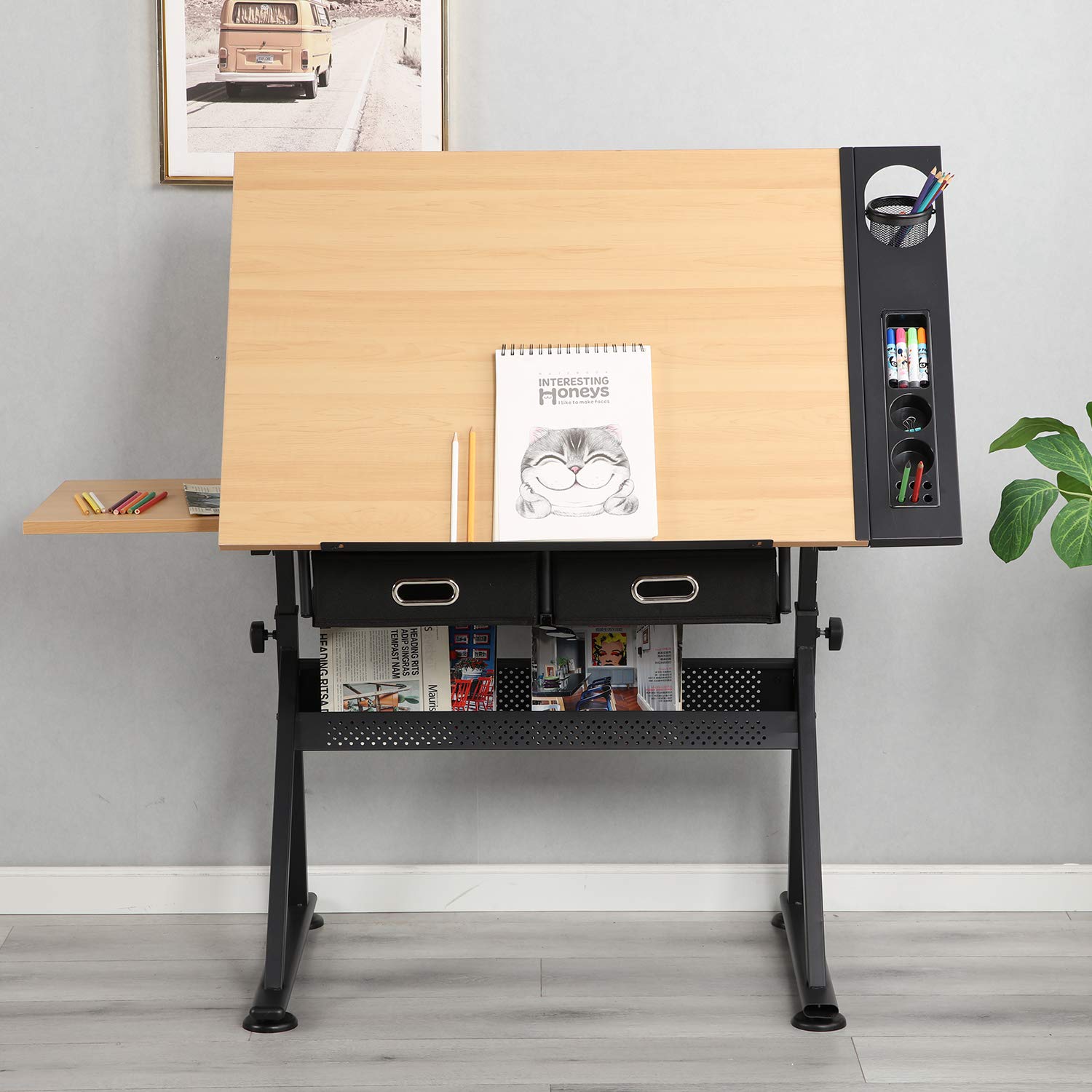 sogesfurniture Mesa de Dibujo con Tablero Inclinable, Altura Ajustable, Escritorio de Dibujo de Estudio de Trabajo con 2 Cajones de Almacenamiento, para Artista, Arquitectos