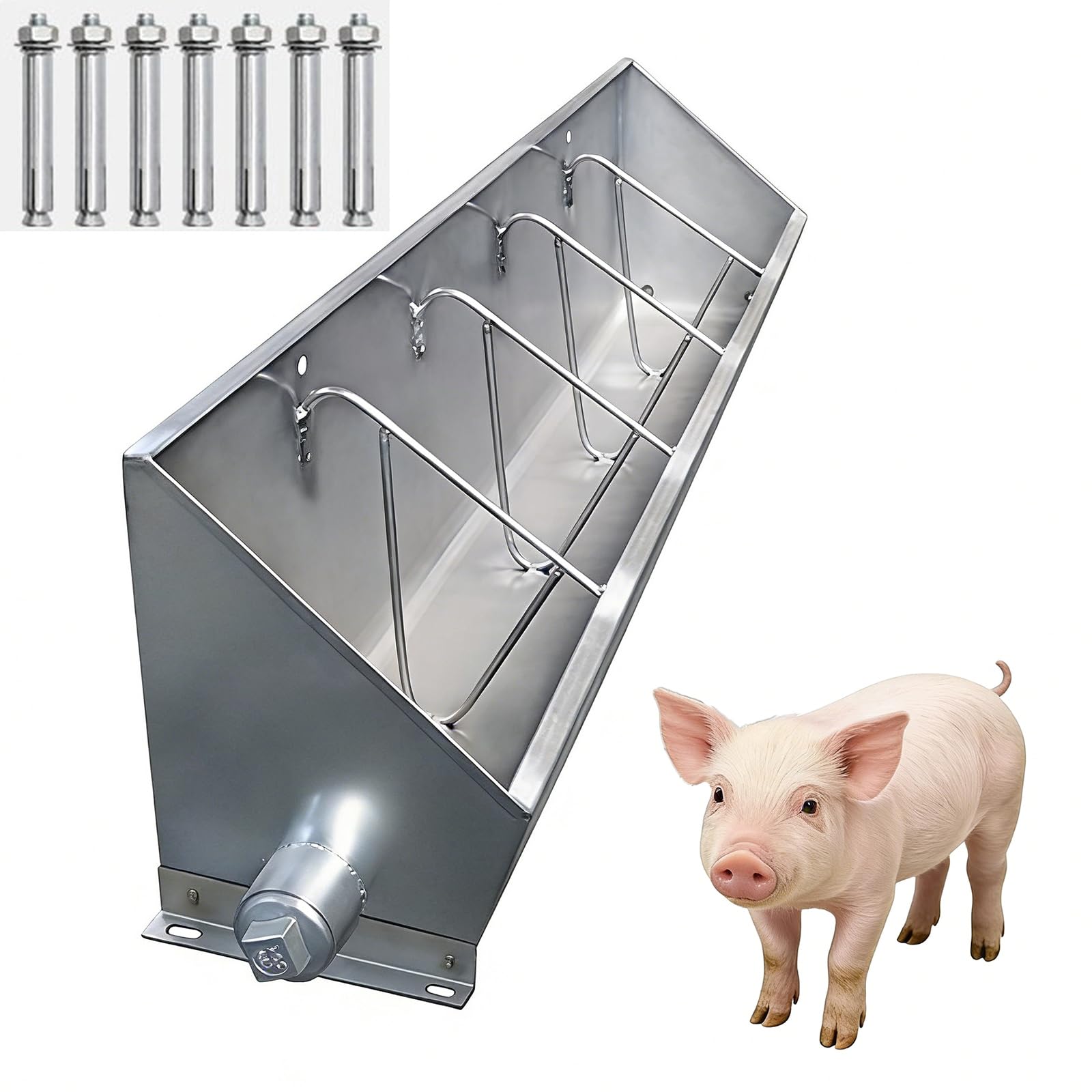 100cm 150cm 200cm Mangiatoia per Maiali Mangiatoia per Bestiame in Acciaio Inox Abbeveratoio, Apertura Inclinata per Una Facile Alimentazione Mangiatoia Separata con Recinzione,Argento,100cm