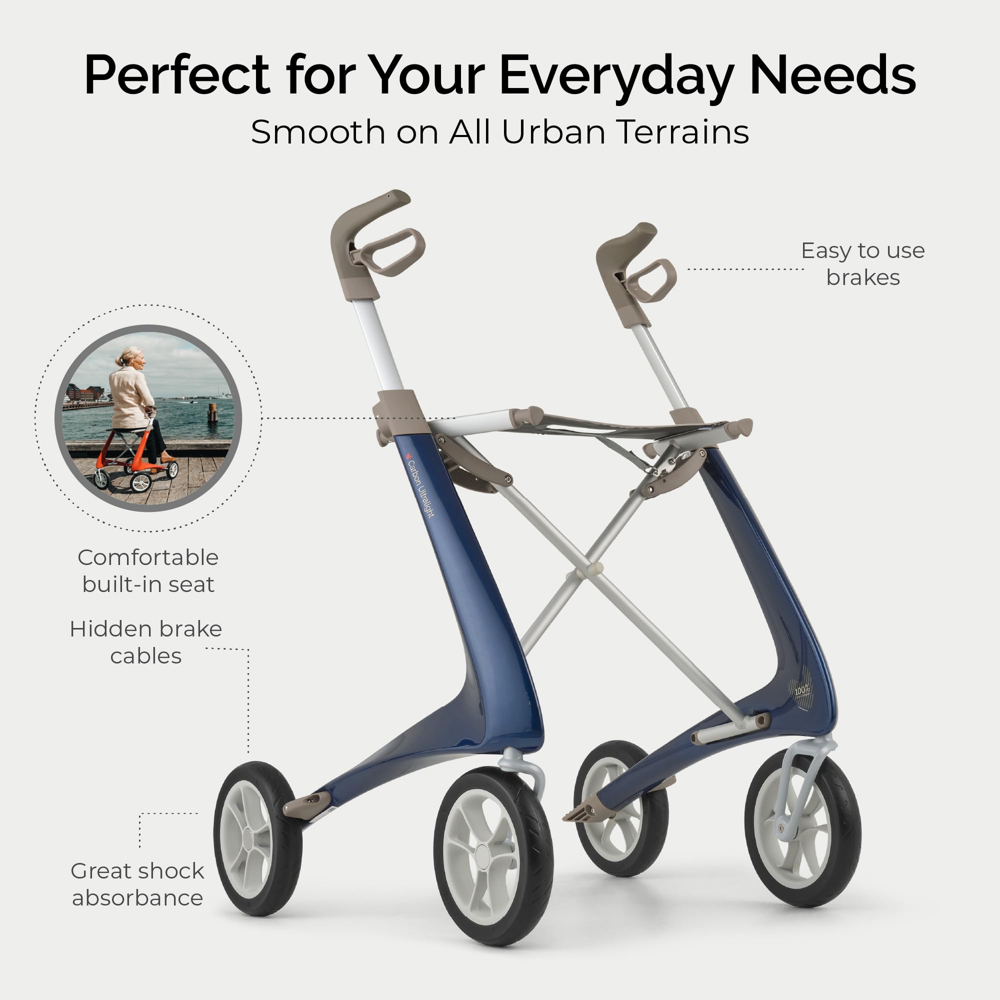 byACRE Carbon Ultralight Rollator - World's Lightest Carbon Rollator - Only 10.6 lbs/for Indoor and Outdoor Use/Foldable and Easy to Travel with (Royal Blue, Wide Track)