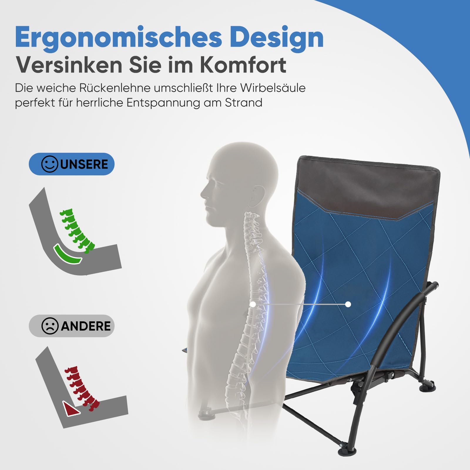 Sekey Klappbarer Strandstuhl Extrem Leicht & Tragbar – Nur 2,85 kg pro Stück, mit Armlehnen für Outdoor Strand Angeln Garten mit niedrigen Beinen Blau