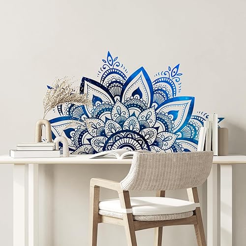 Miniatura 3 de Supzone Calcomanías de pared con diseño de mandala de media mandala, grandes y bohemios, flores azules bohemias, creativas, autoadhesivas, para