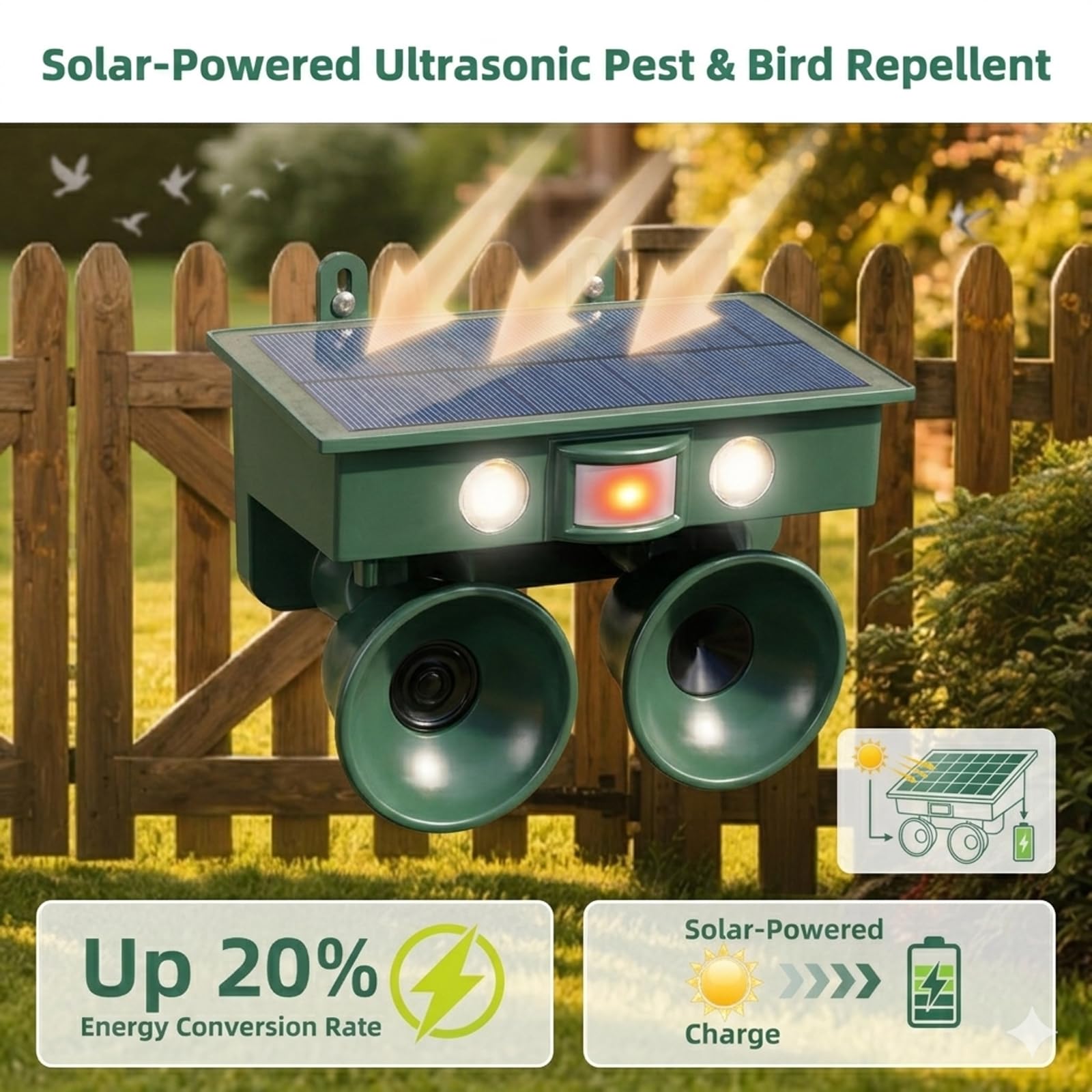 2026 Repellente solare ad ultrasuoni per uccelli all'aperto: repellente per piccioni con sensore di movimento e luce lampeggiante, efficace dispositivo deterrente per animali per tenere gli uccelli