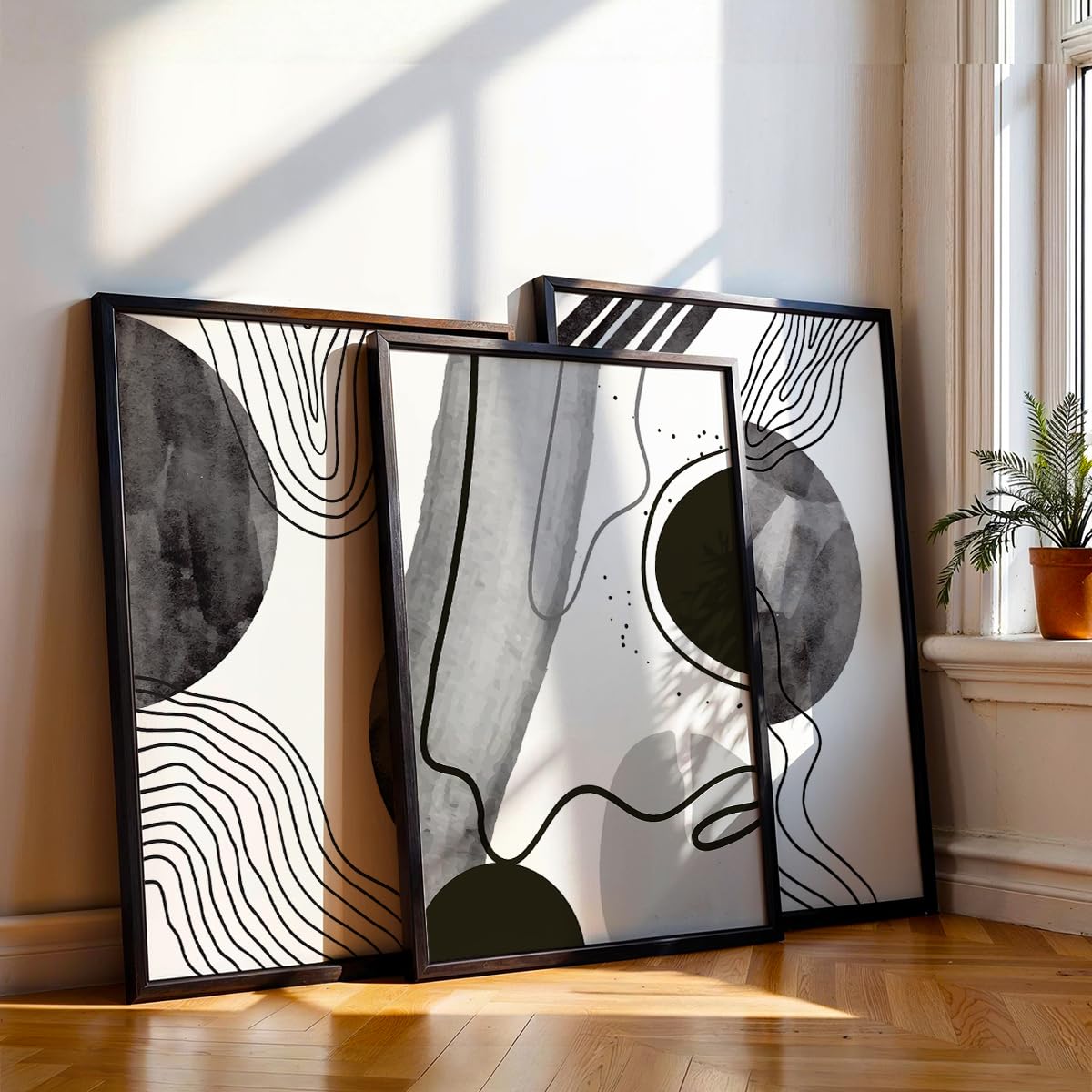 NoWorries Set of 3 Black & White Abstract Line Art Paintings | Framed Wall Decor for Home & Office – Modern Pattern Line Art Prints, (Art-18, 13x19inch)