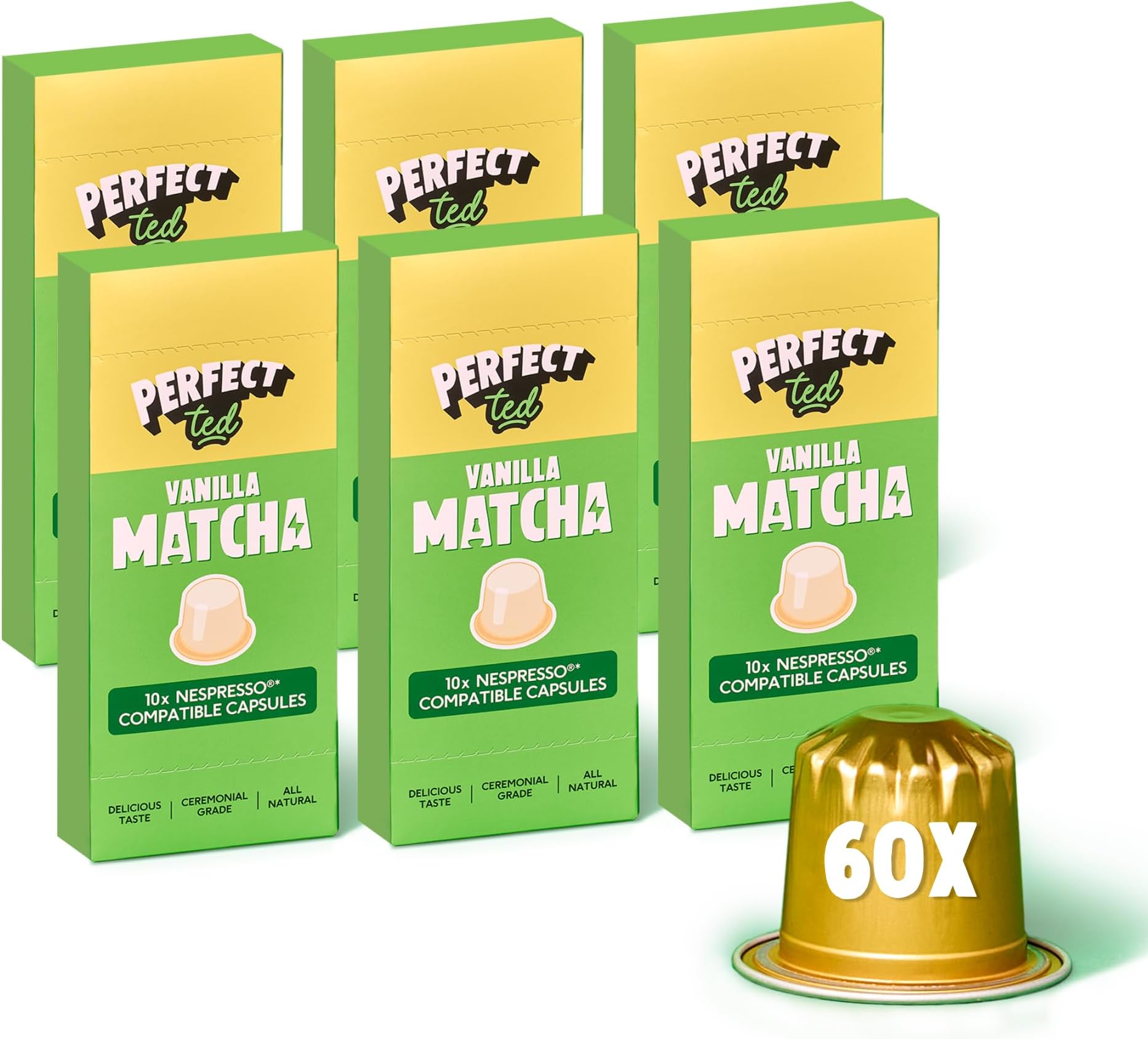 Perfect Ted | Vanilla Matcha | 60 Pods Compatible with Nespresso® | Ceremonial Grade Matcha Powder | Japanese Matcha Latte