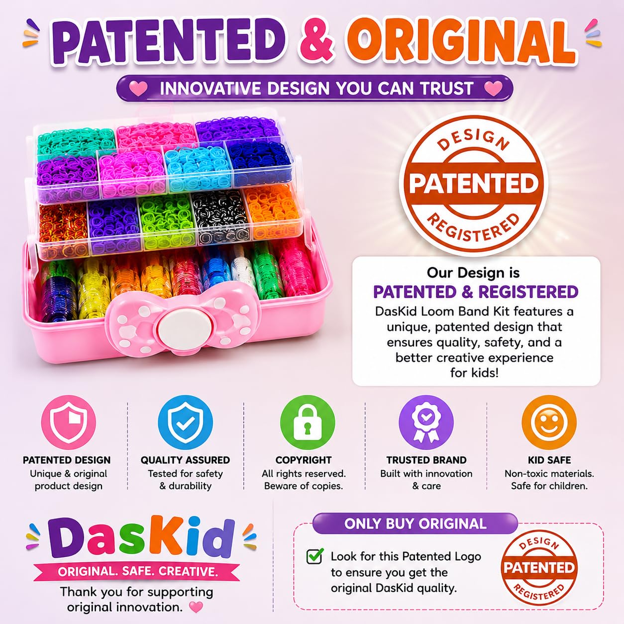 DasKid Kit de más de 17,000 bandas de telar, 32 colores vibrantes con calcomanías, tablero, cuentas del alfabeto, ganchos en S y llaveros, kit de manualidades en caja de almacenamiento rosa, regalo