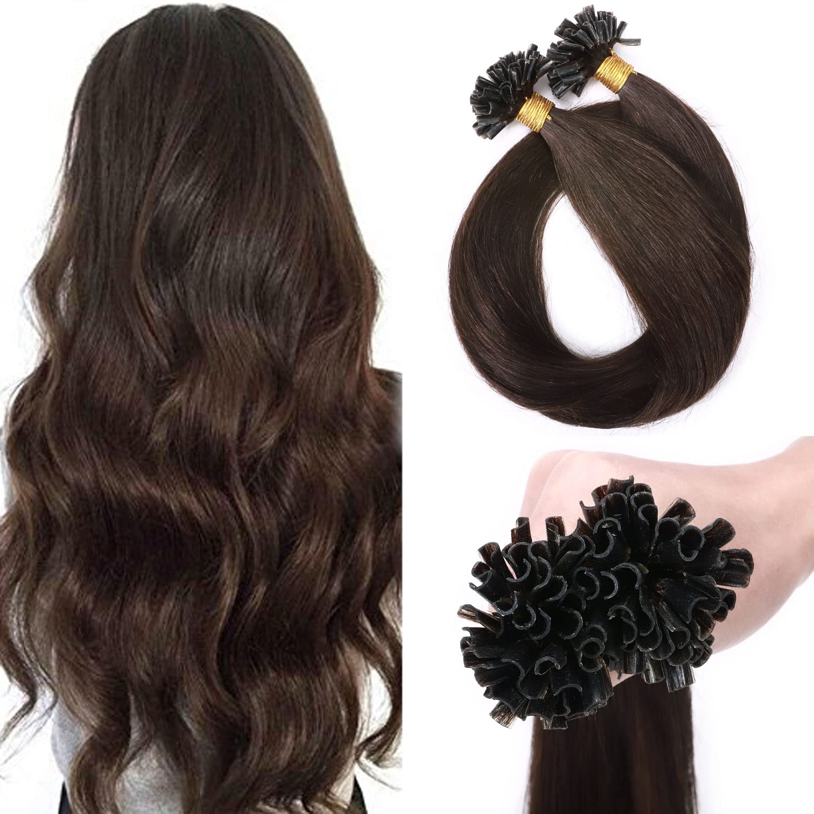 U Tip Hair Extensions Human Hair Dark Brown Pre Bonded Keratin Fusion Hair 14 Inch Nail Tip Hair Extensions 50 stands/50g 100% Real Remy Hair 02