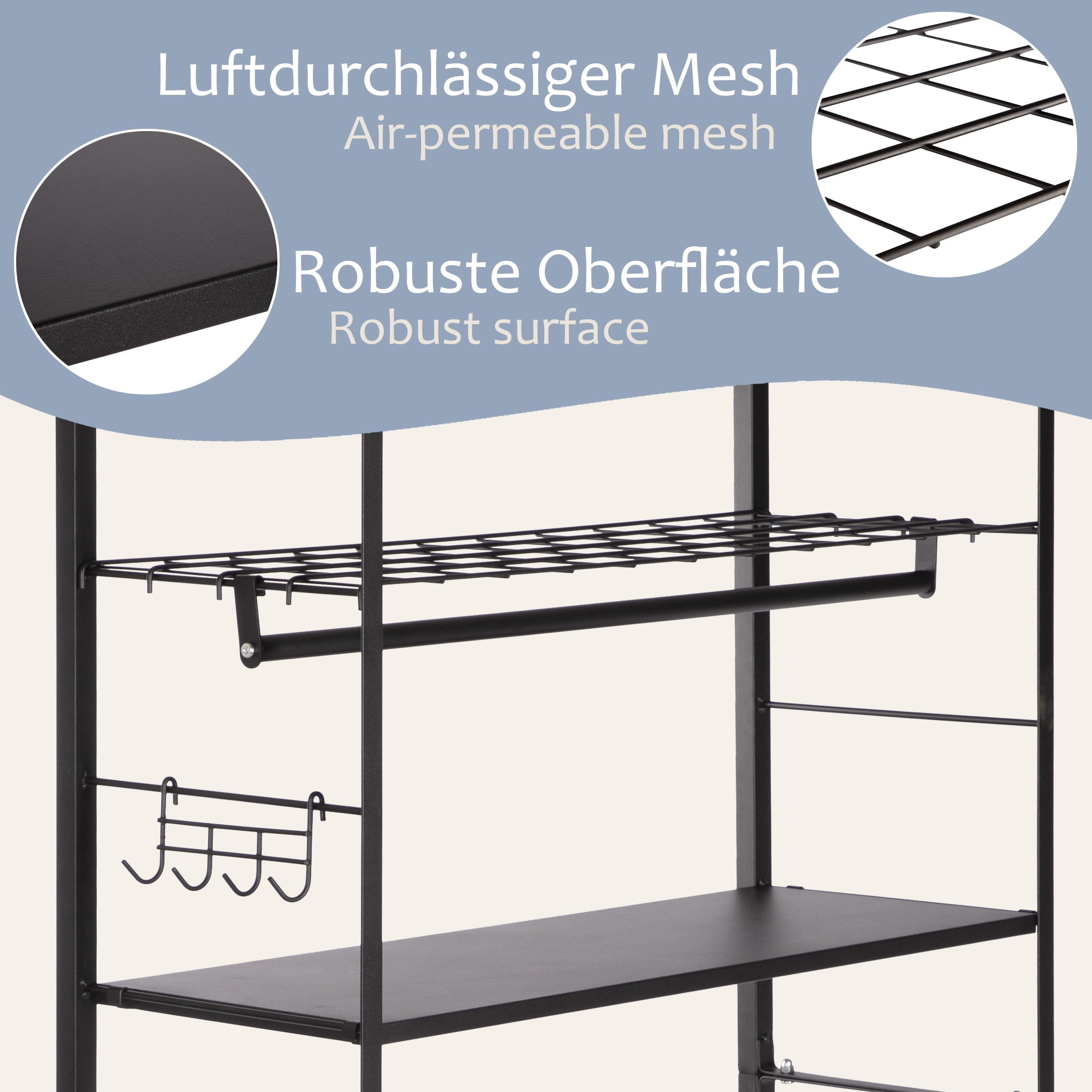 ONVAYA® Waschmaschinenregal ǀ schwarz ǀ mit Kleiderstange und 4 Haken ǀ ideal über Waschmaschine, Trockner oder WC ǀ Toilettenregal aus Metall