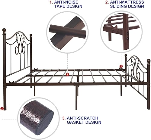 Miniatura 32 de TUSEER Base de cama de metal tamaño Queen con cabecero vintage y base de plataforma de estribo, marco de cama de hierro forjado (Queen, marrón