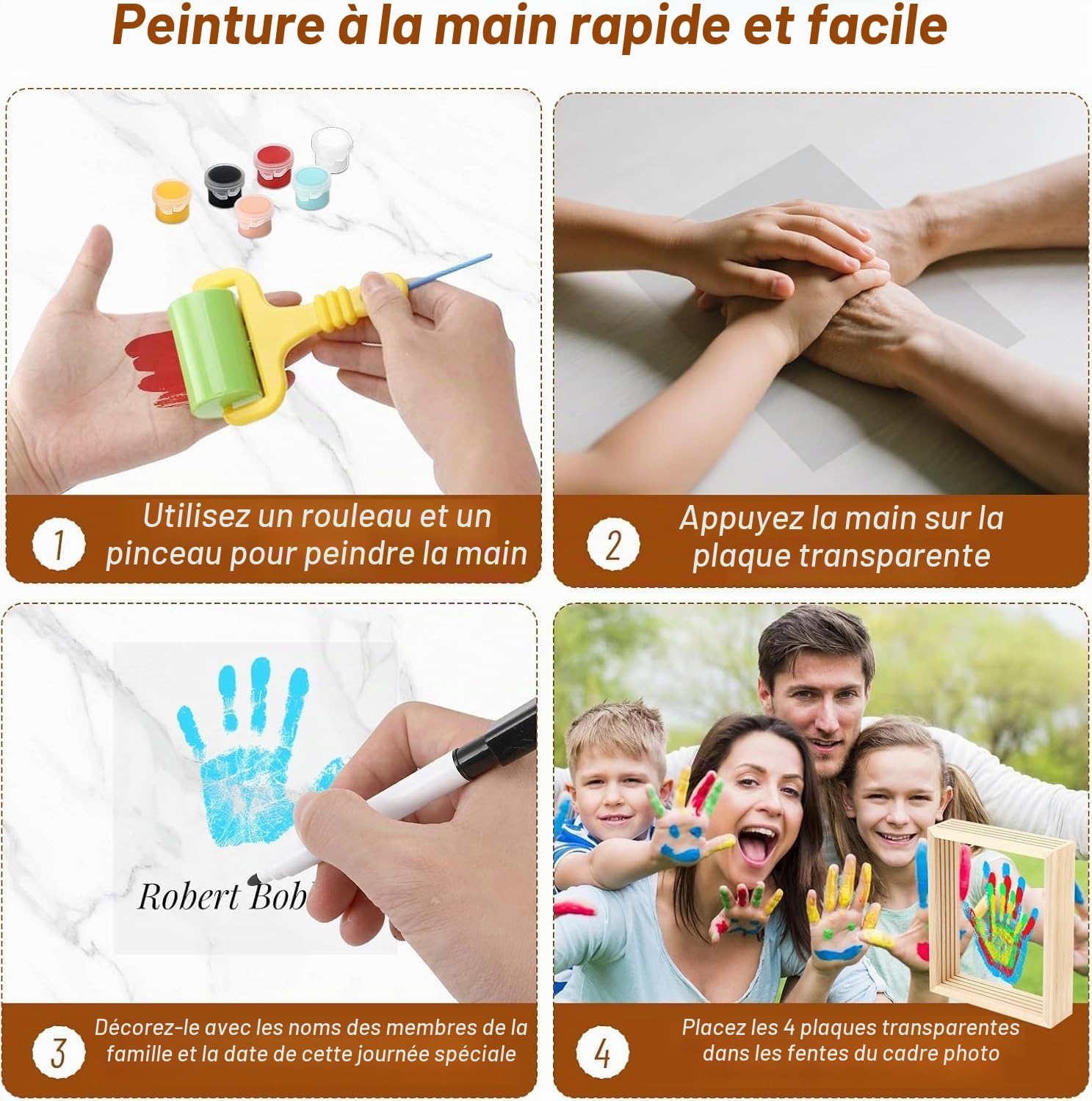 Kit d'Empreintes de Mains Familiales avec Cadre en Bois, 4 Empreintes, 6 Couleurs de Pigments, pour Bébé