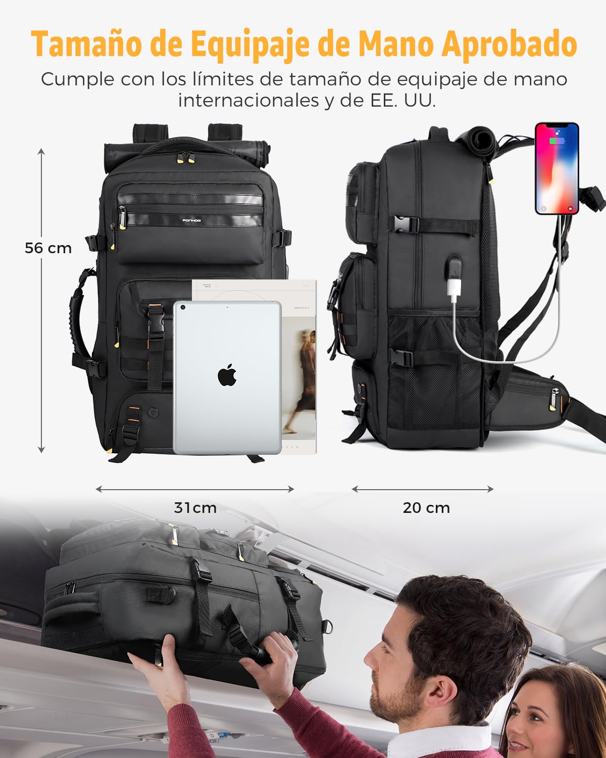 Ponhog Mochila de viaje para hombre, bolsa de lona convertible de 50 L con compartimento para zapatos, mochila de mano para laptop con puerto de carga USB, mochila de senderismo, gimnasio, mochila
