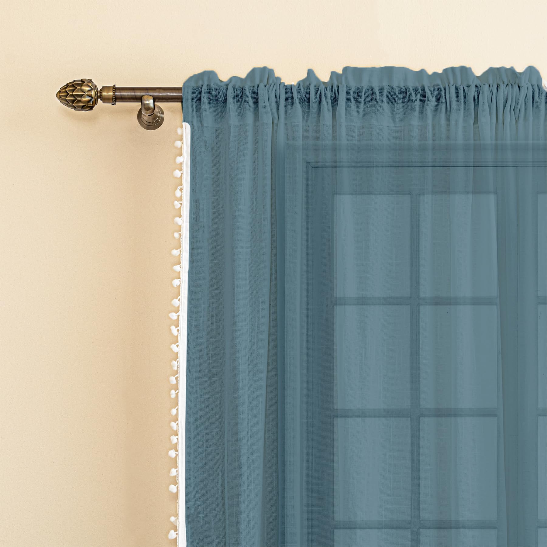 HOMEMONDE Sheer Customize Curtains with Decorative Side Border Pompom Curtain, Linen Textured Light Filtering, (Pack of 2, Denim Blue)