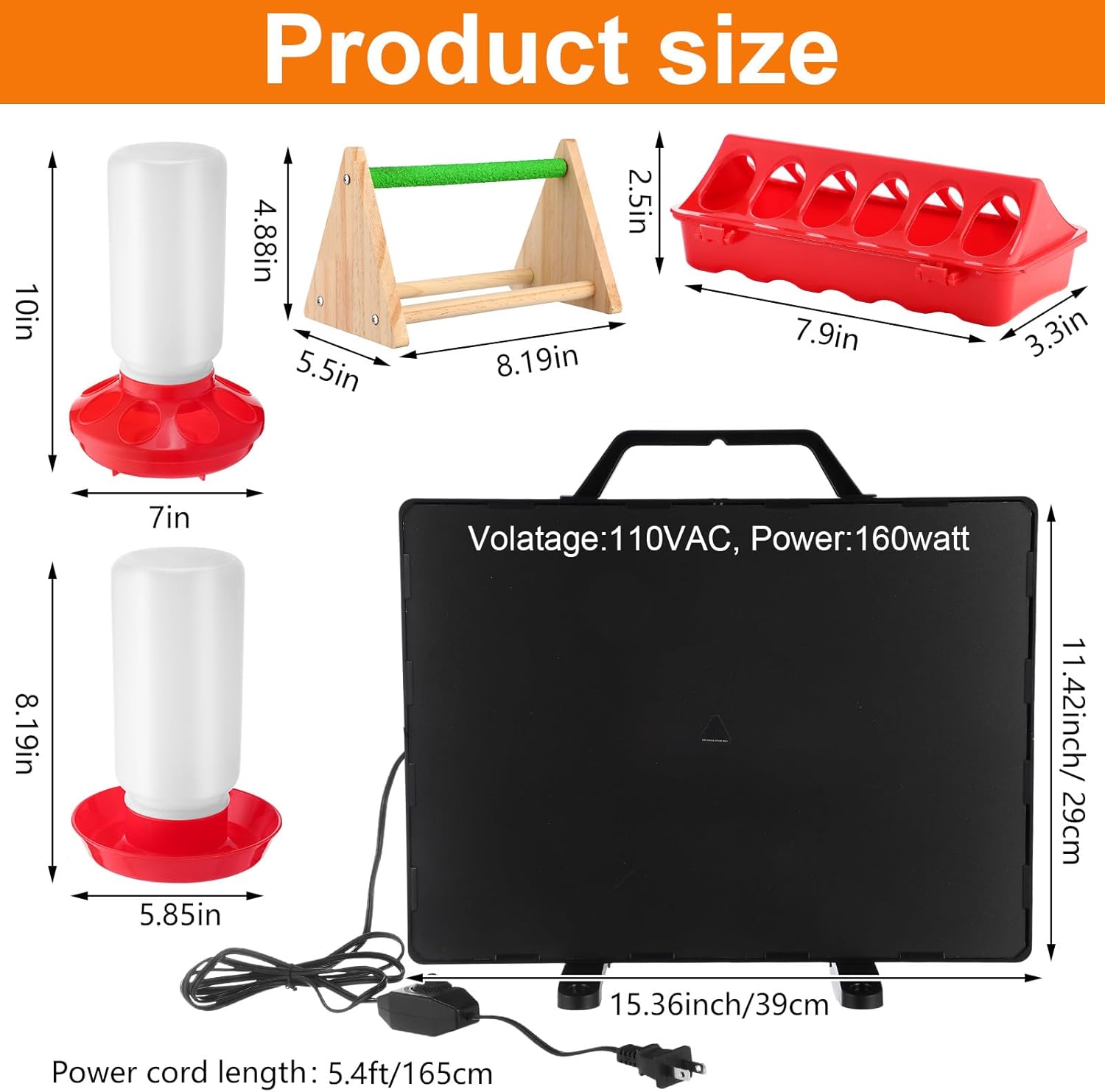 VIHOSE Chicken Coop Heater Chick Starter Kit Include 160w Adjustable Radiant Heat Panel 0.8 Gal Chicken Waterer and 2.9 Lbs Feeder and Chick Perch Flip Top Poultry Feeder