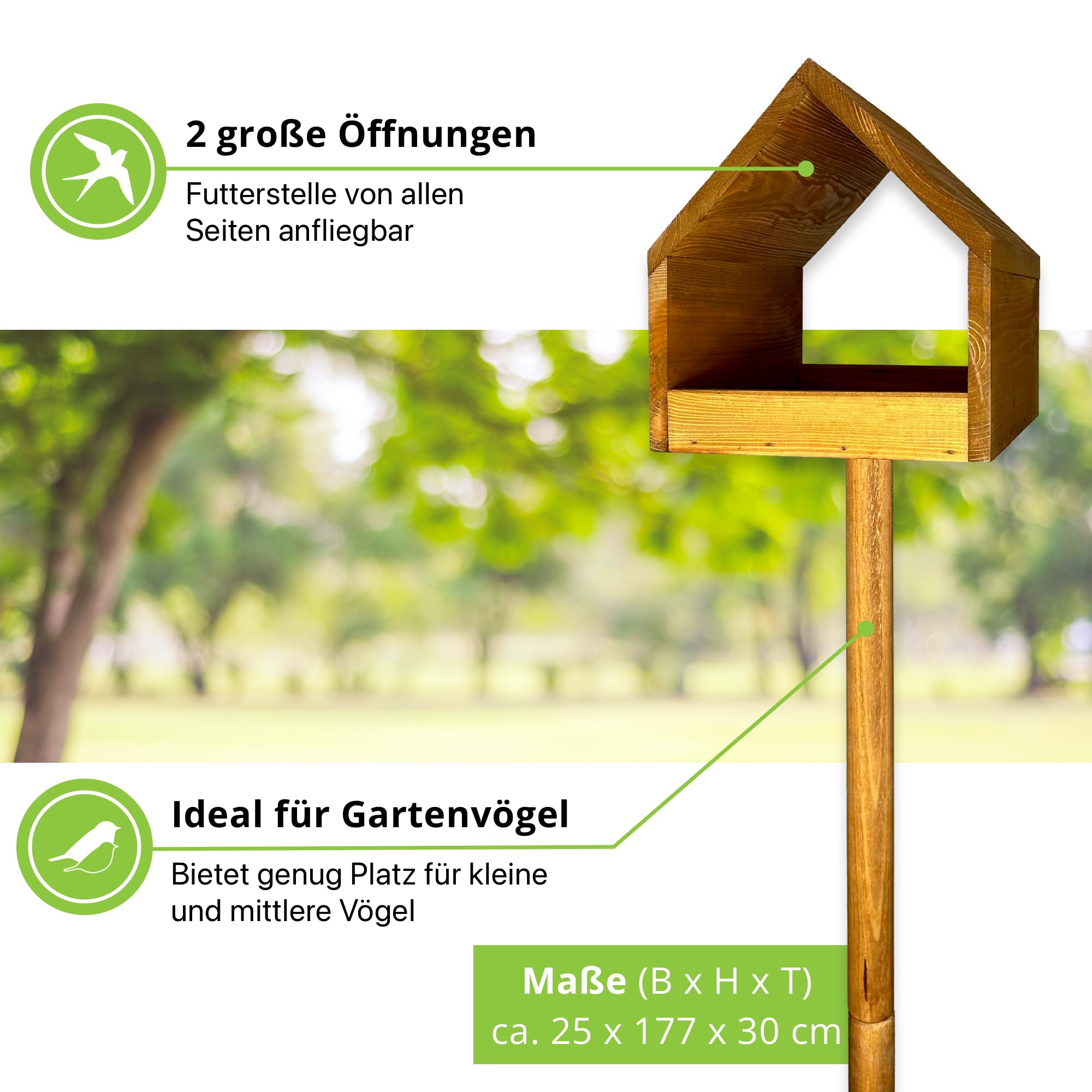GARTENETAGE Vogelfutterhaus aus Massivholz mit Erdspieß – Wetterfestes Vogelhaus aus Kiefernholz für Wildvögel, stabiles Futterhaus für Garten, Rasen & Terrasse