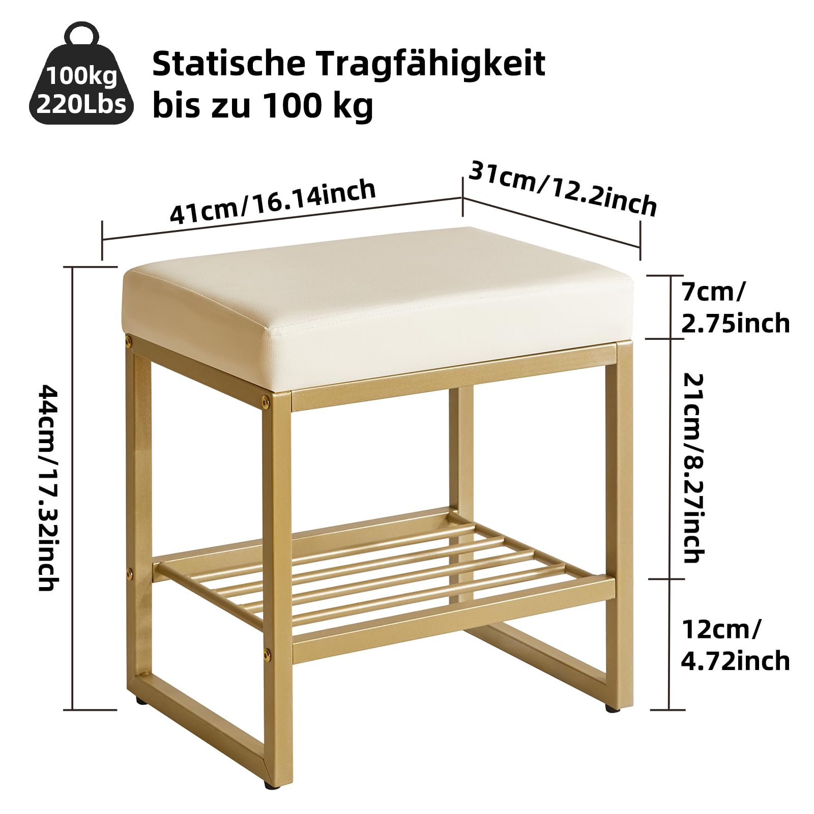 Aibiju Quadratischer Schminktischhocker, Schminkstuhlhocker mit verstellbaren Füßen und Stauraum, kleine Make-up-Hockerbank für Schminktisch, Schlafzimmer, Wohnzimmer, Weiß YD-JD150W