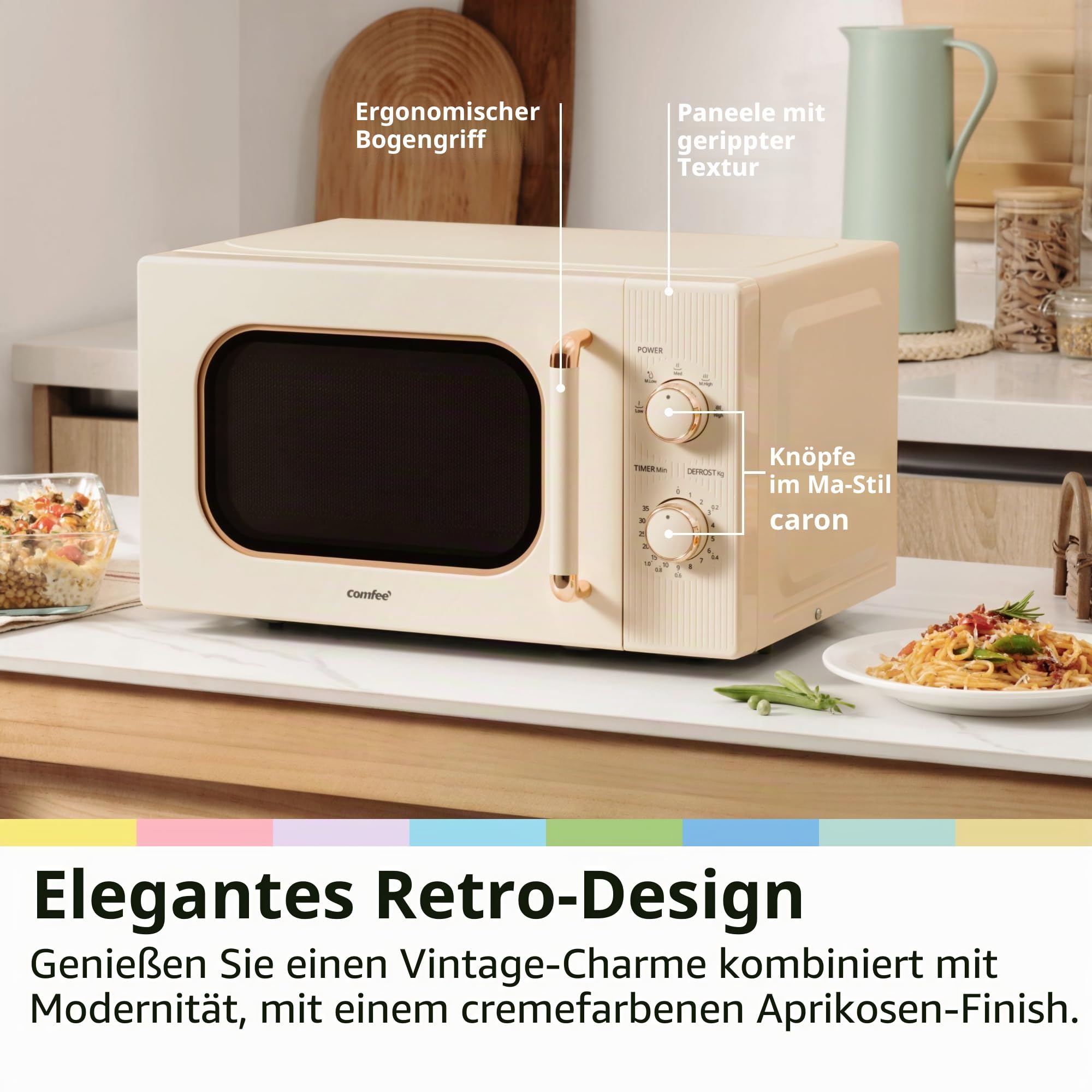 COMFEE CMO-M202NC(CM) Mikrowelle, Vintage, Retro, elegant, mit 5 Leistungsstufen, 700 W, 20 l, Timer verstellbar von 0 – 35 Minuten, einfache Bedienung, Innenbeleuchtung, Creme Aprikose