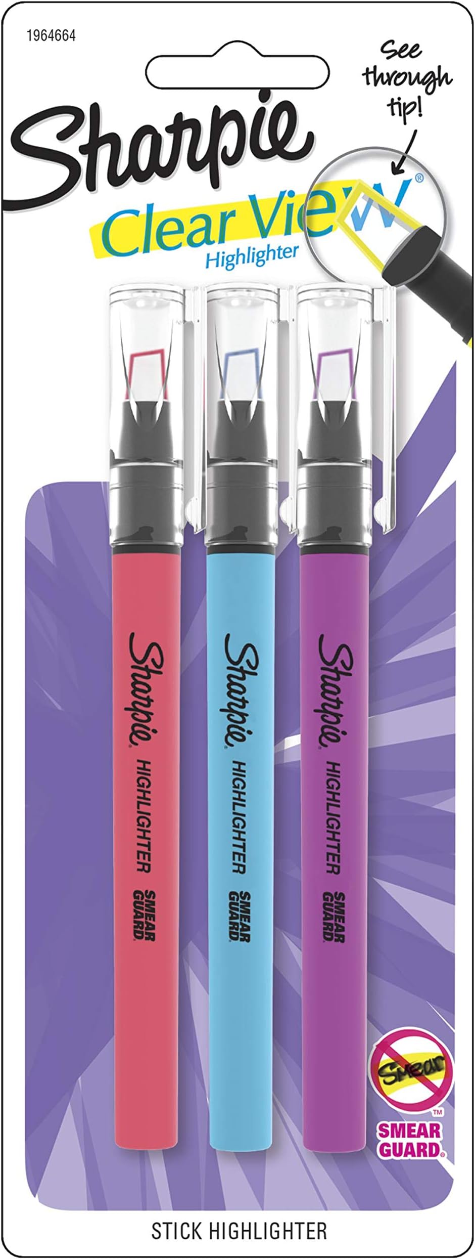 Clear View Highlighter Stick, Chisel Tip, Assorted Fluorescent, 3 Pack (1964664)