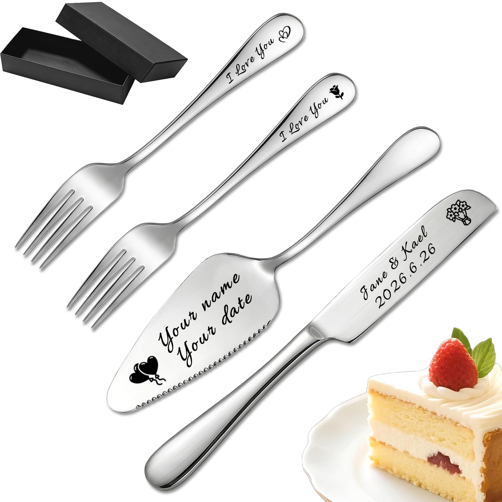Azvccea Personalised Wedding Cake Knife and Slice Set Custom Engraved Cake Cutter Spatula Set for Wedding Reception Anniversary Birthday Bridal Shower (Silver -4Pce)