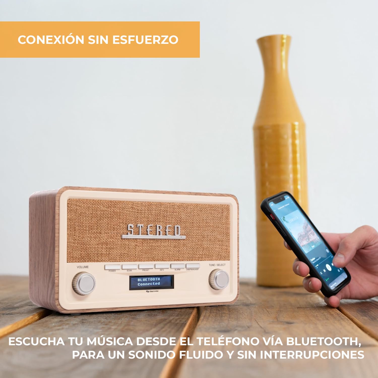 Denver DAB-18 Radio Dab+/FM Bluetooth, AUX, Reloj Despertador, Pantalla LCD, Acabado Madera Clara