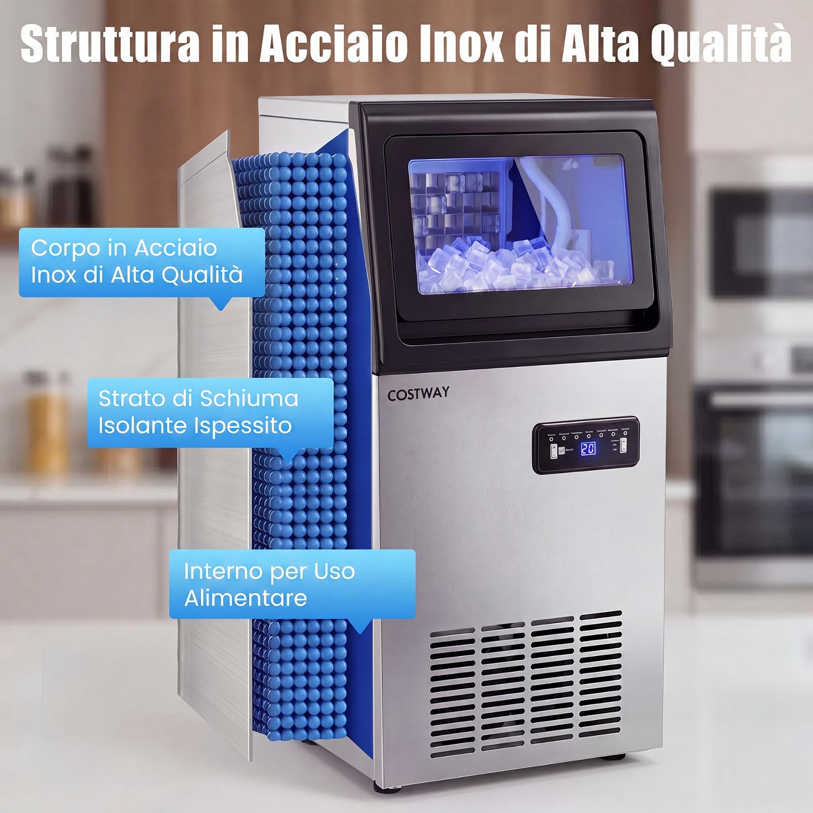 COSTWAY Macchina per Ghiaccio Commerciale 50kg/24h | Fabbricatore Ghiaccio con Autopulizia, Timer, 36 Cubetti in 13 Minuti, Ice Maker con Paletta per Bar Ristorante e Caffetteria