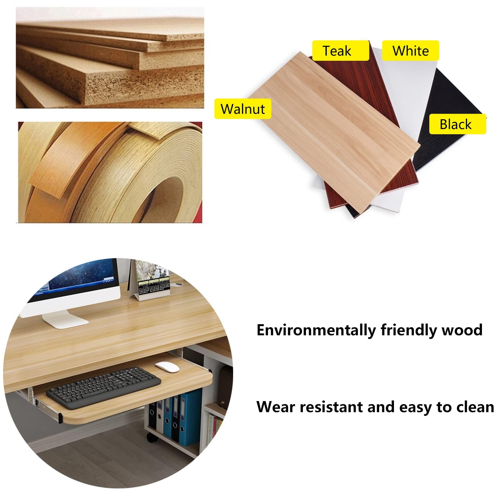 Bandeja para teclado con cajones deslizantes de 54 a 70 cm, estante de madera ajustable con deslizamiento de metal, extensión debajo del escritorio para oficina en casa