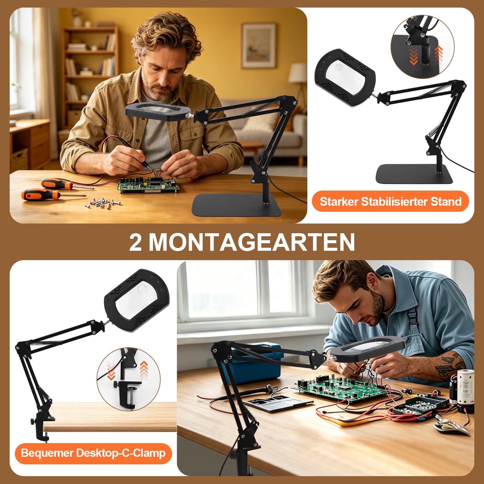 15X 30X Tischlupe mit Licht und Ständer, 5 Farbmodi Stufenlos Dimmbar, 2-in-1 Schreibtischlampe und Klemme, Händefrei Standlupe mit Licht ür Handwerk Hobby Malerei Schließen Arbeit