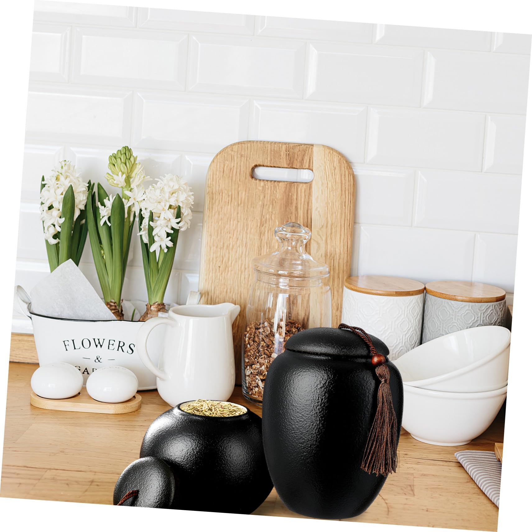 Lurrose 2 Stück Keramik Teedosen mit Deckel, Schwarz, Vintage | Luftdicht Verschließbar, für Gewürze und Teeblätter, Geeignet für Buffet und Café